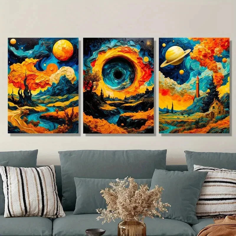 3-Piece Vibrant Mountain Lake Sunset & Cosmic Sky Metal Wall Art Prints - Ready to Hang - Perfect for Living Room, Bedroom & Office Decor