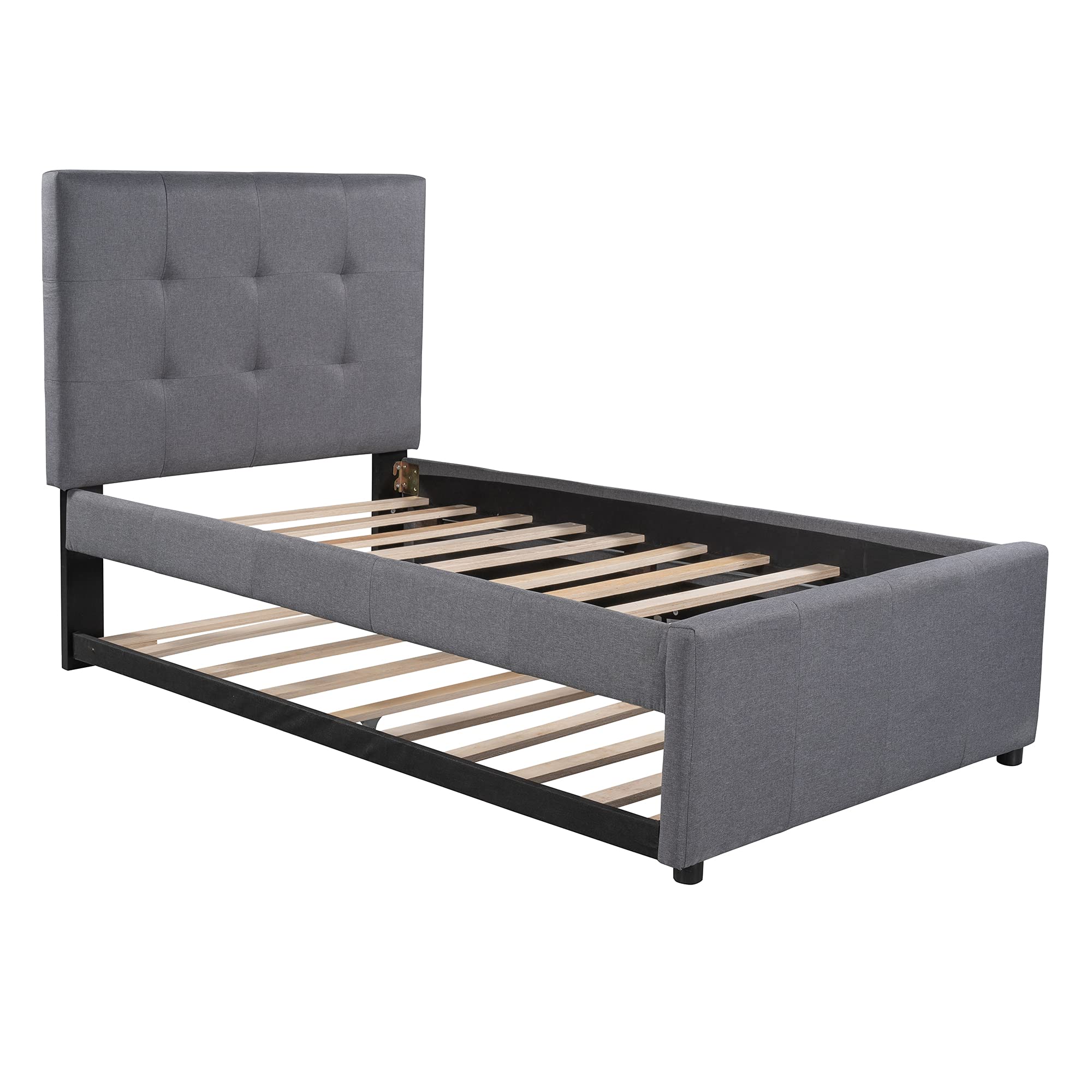RUNNA Twin Size Upholstered Platform Bed Frame with Trundle - Linen Fabric Daybed with Headboard for Kids & Teens - No Box Spring Needed - Perfect for Small Bedrooms, Guest Rooms & Sleepovers