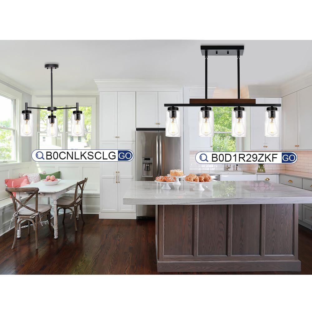 4-Lights Kitchen Island Pendant Light Fixture - Seeded Glass & Solid Wood Frame Linear Chandelier for Dining Room, Living Room - Perfect for Farmhouse, Modern & Industrial Home Decor