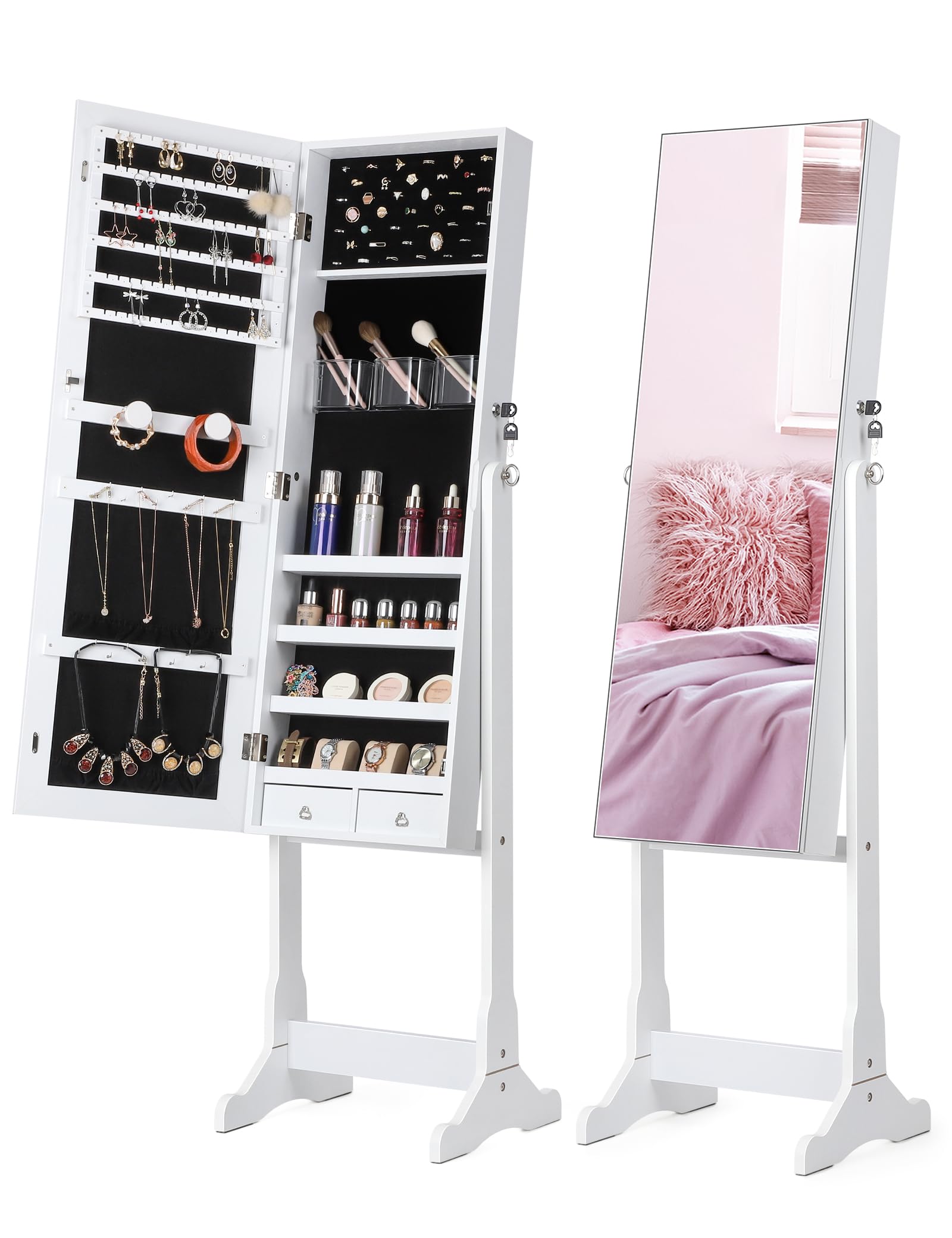 Nicetree White Jewelry Cabinet with Full-Length Mirror - Lockable Standing Jewelry Armoire Organizer with 3 Adjustable Shelves | Perfect Christmas Gift for Women, Bedroom & Closet Storage Solution