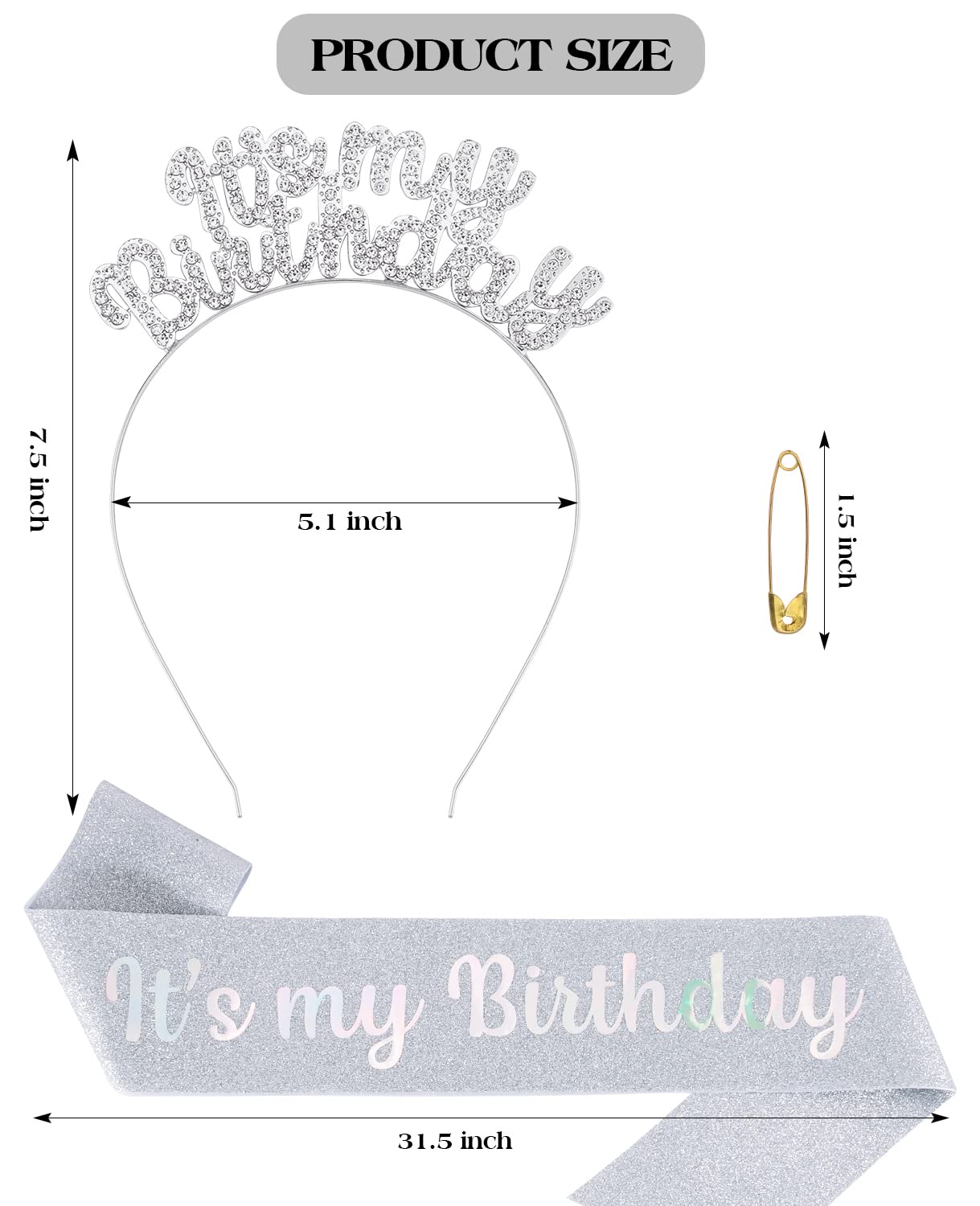 Girls Birthday Crown Set - Cute Birthday Tiara & Sash for Women, Silver Princess Headband - Perfect for Birthday Parties, Photo Shoots & Special Celebrations