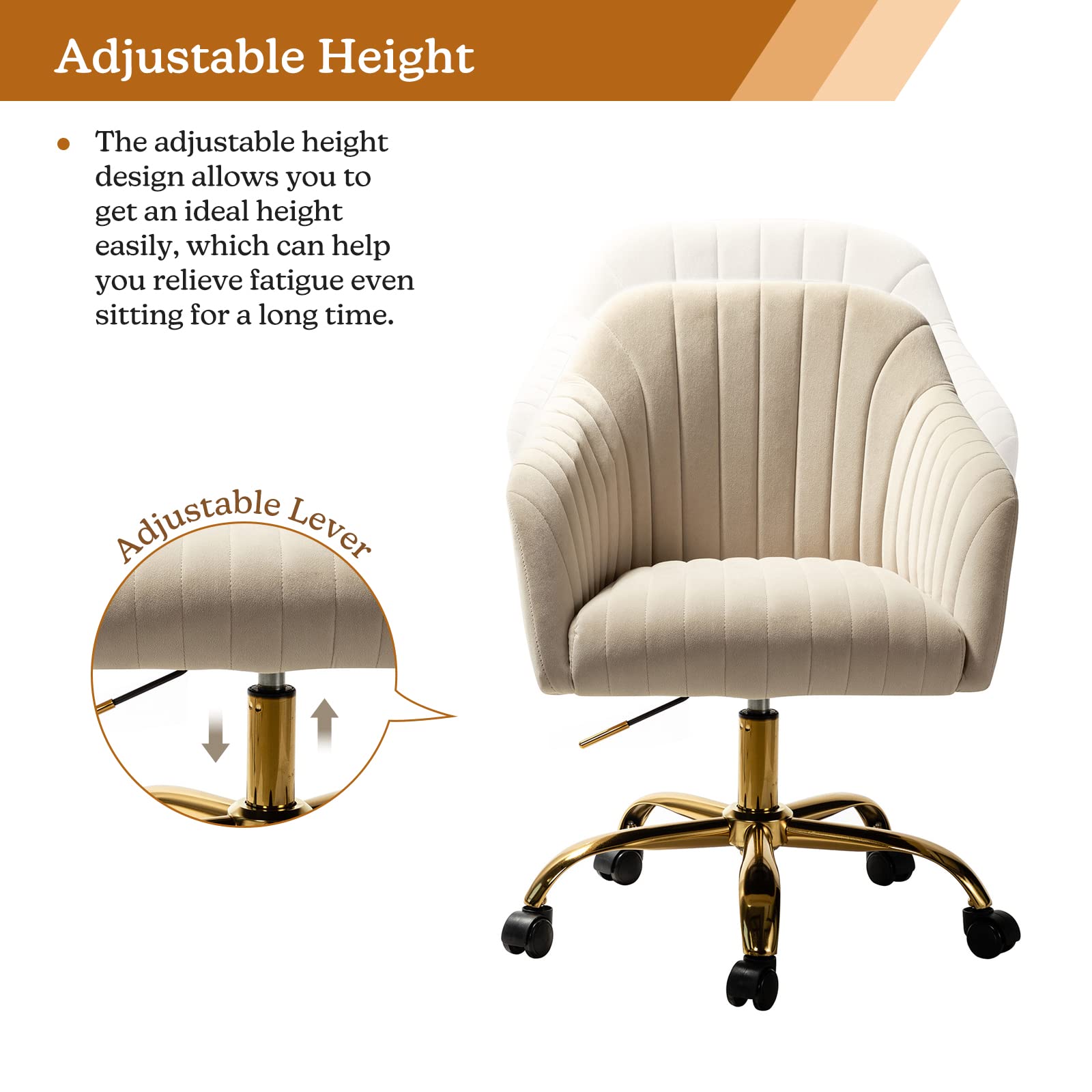 HULALA HOME Velvet Home Office Desk Chair - Modern Cute Computer Task Chair with Wheels, Swivel & Height Adjustable - Upholstered Vanity Chair for Women & Girls (Gold Base, Tan) - Perfect for Home Office, Gaming Setup, Study Room & Makeup Vanity