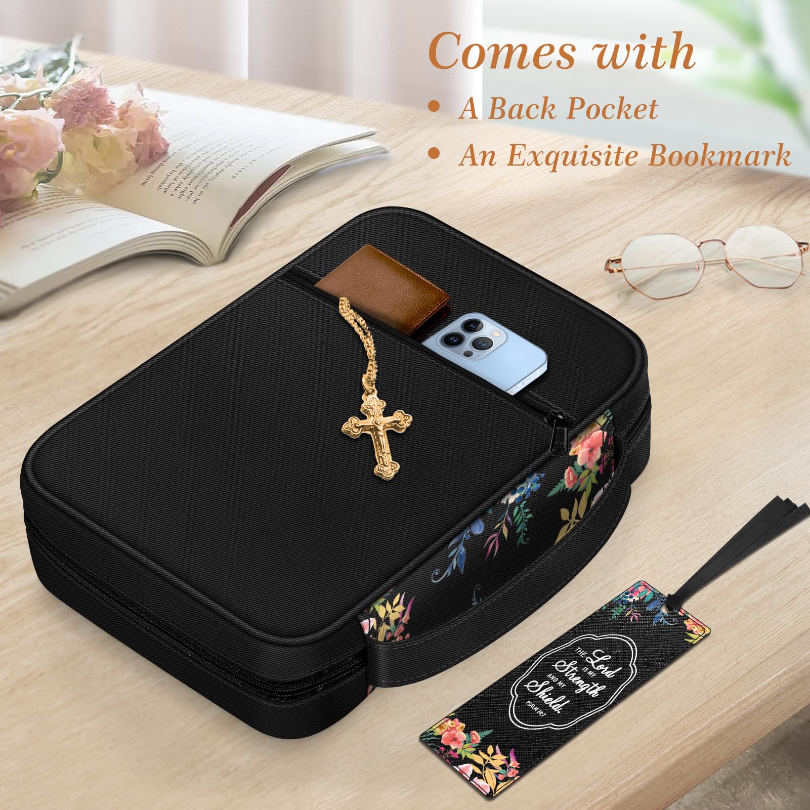 FINPAC Bible Cover with Handle & Zippered Pocket - Floral Black Protective Book Case for Church, Travel & Daily Use - Perfect Gift for Women, Men & Mother - Bible Carrying Bag for Study, Worship & Religious Events