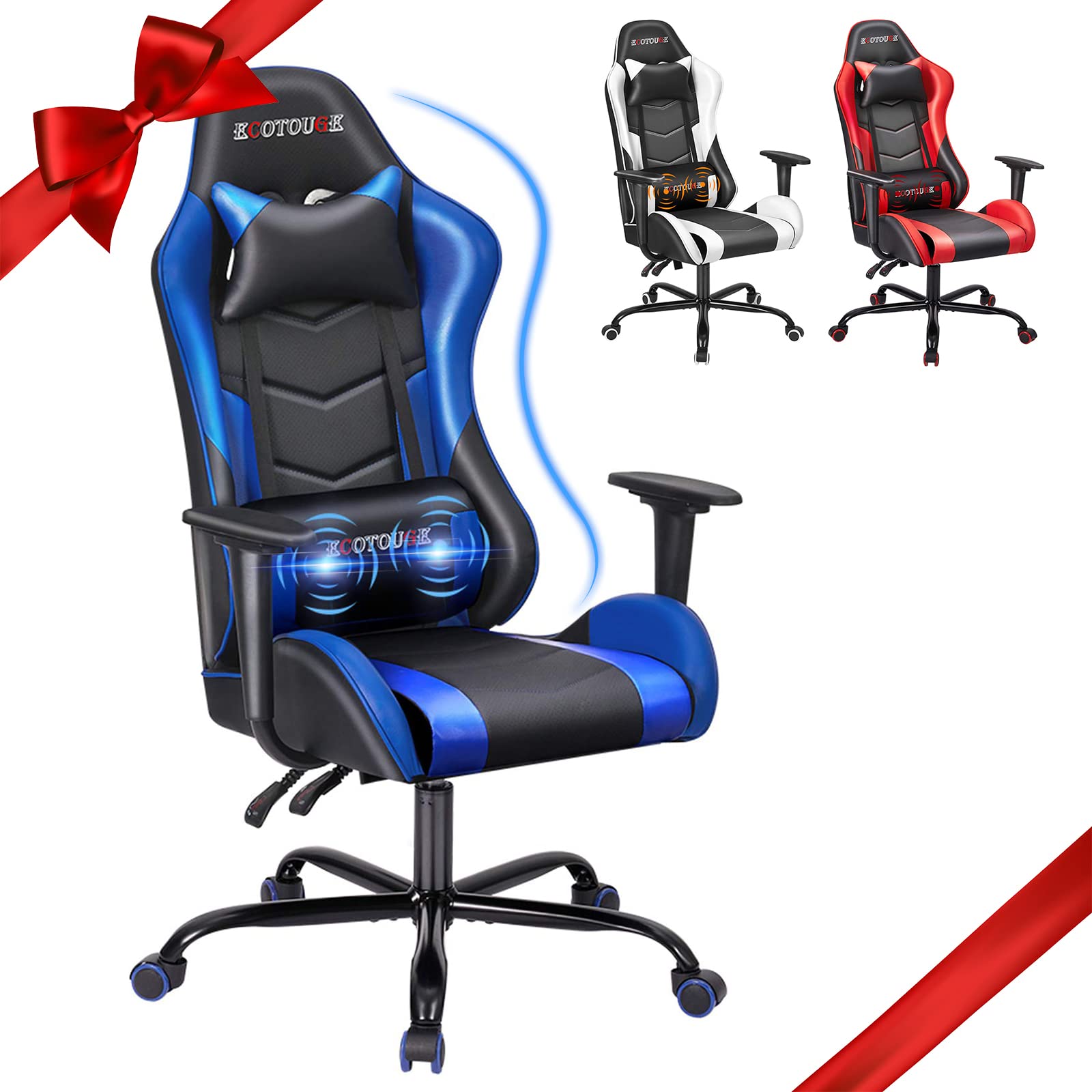 Premium ECOTOUGE Ergonomic Gaming Chair - Adjustable Headrest & Lumbar Massage Pillow - PU Leather Racing Style Office Desk Chair with 360° Swivel & Recliner - Black & Blue - Perfect for Esports, Streaming & Home Office Workstations