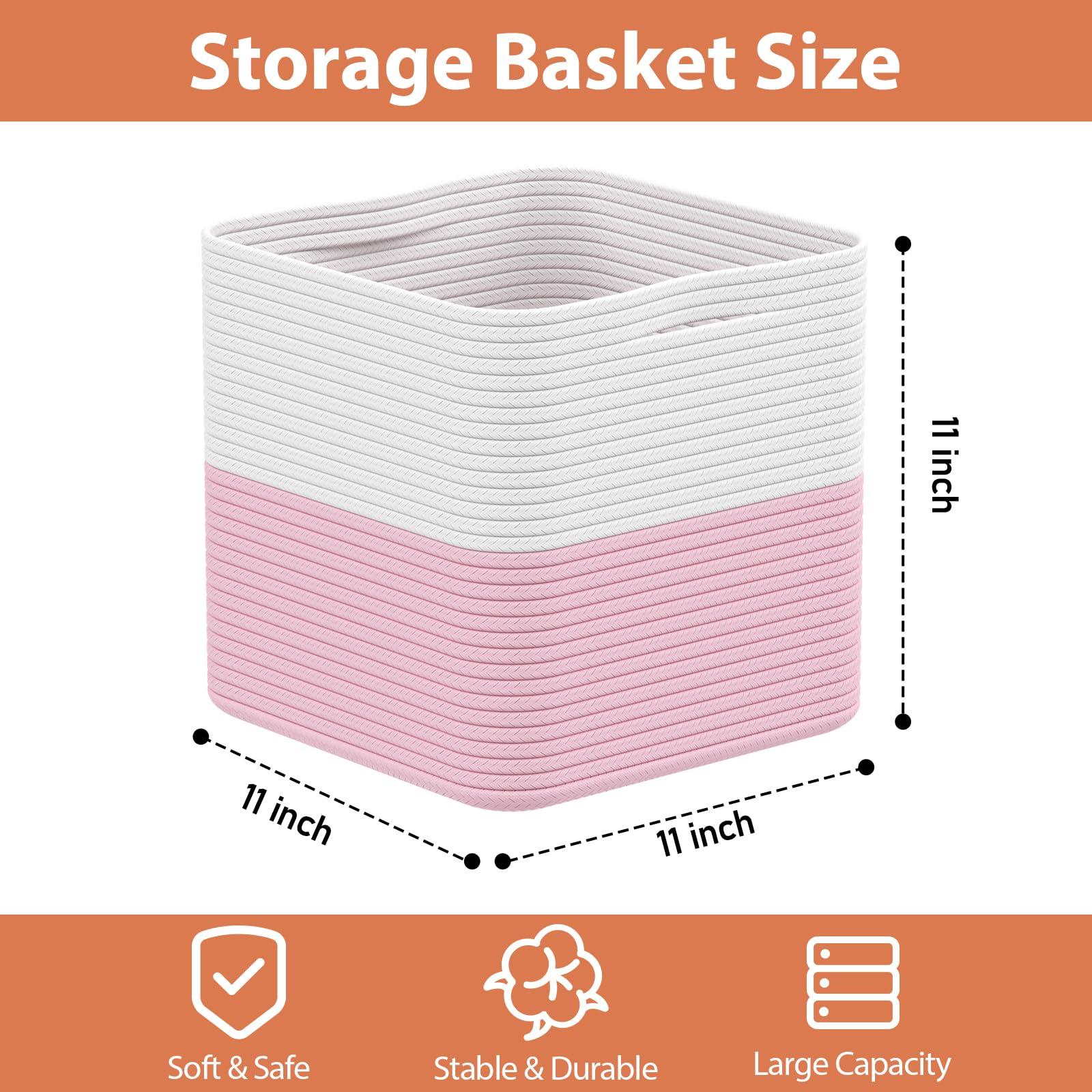 11 Inch Woven Cotton Rope Storage Baskets - 3 Pack Pink Decorative Organizer with Handles for Toys, Blankets, Laundry | Perfect for Living Room, Closet & Nursery Organization