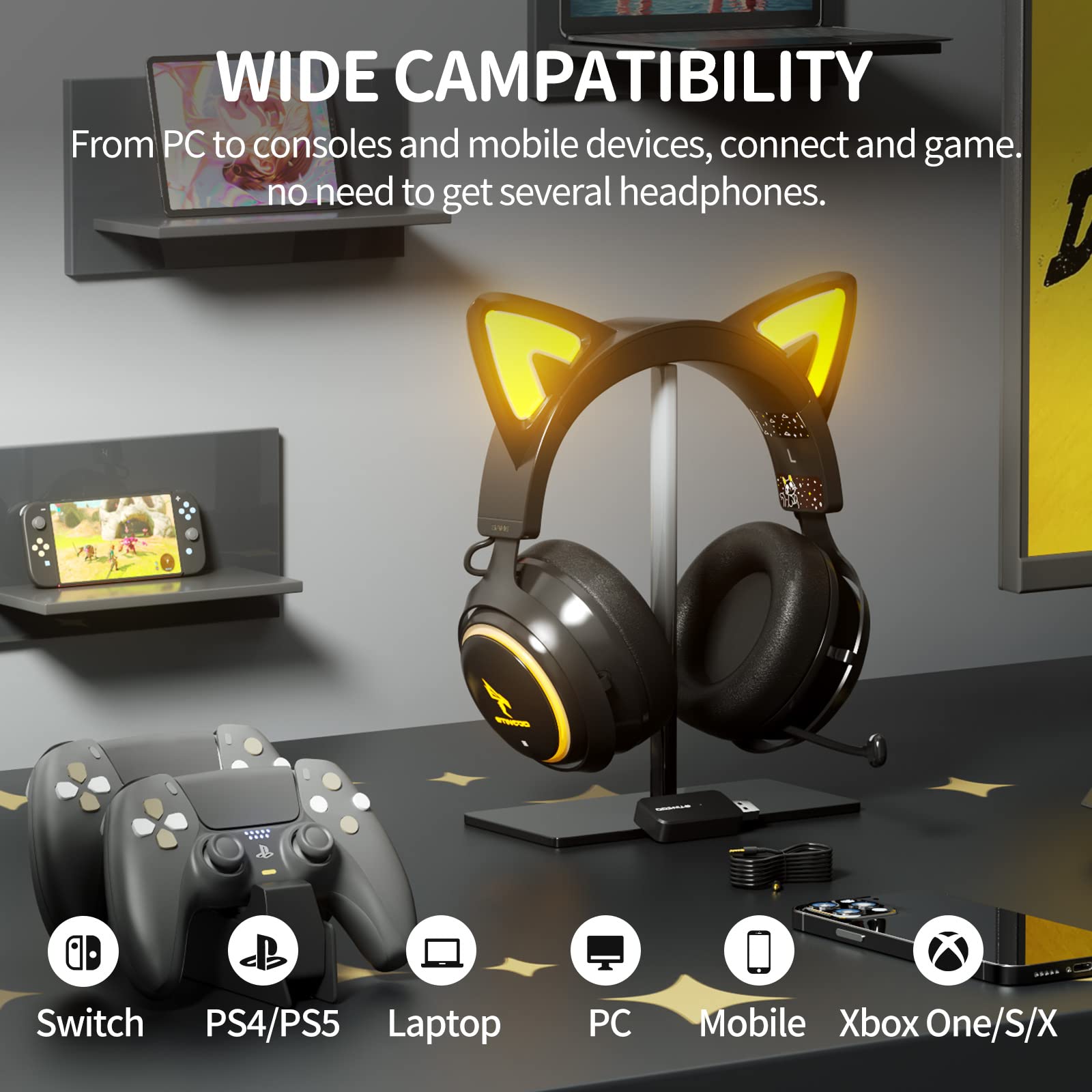 SOMIC GS510 Wireless Cat Ear Gaming Headset for PS5, PS4, PC - 2.4G Retractable Mic, 7.1 Stereo Sound, 8H Battery, RGB Lights (Xbox Wired Mode) - Perfect for Gaming, Streaming & Online Classes