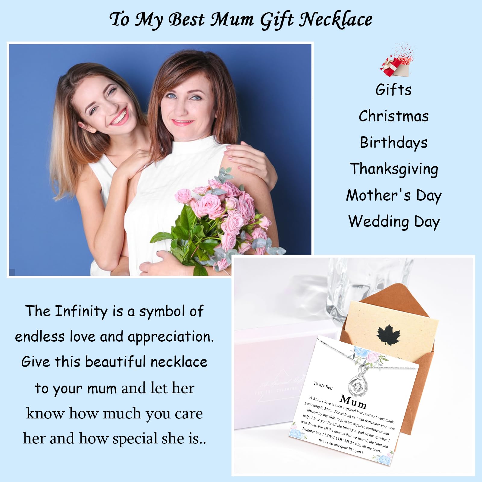 JETBON Sterling Silver Infinity Necklace with Cubic Zirconia - Elegant Jewelry Gift for Mom, Mother in Law, Wife | Christmas, Mother's Day, Birthday Present from Daughter or Son | Comes with Gift Box & Message Card | Perfect for Anniversaries, Weddings, Special Occasions