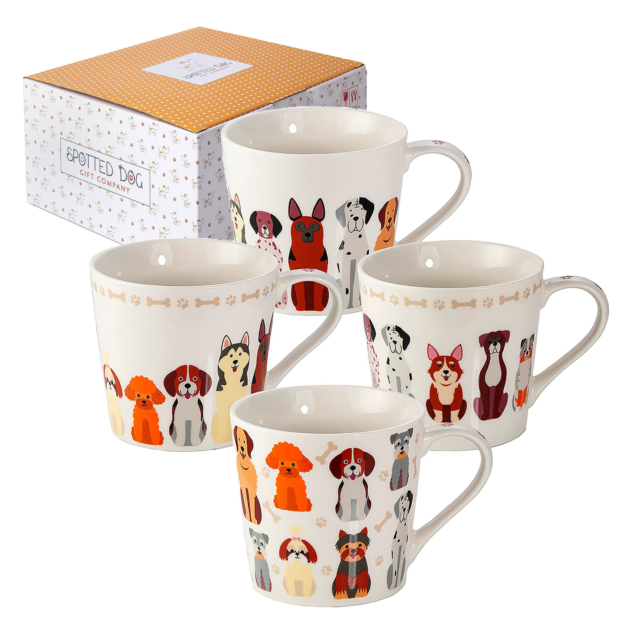 Spotted Dog Gift Company 13 oz Ceramic Coffee Mug Set - 4 Cute Dog-Themed Porcelain Tea Cups for Dog Lovers, Perfect Gift for Women & Men - Ideal for Coffee, Tea, Hot Chocolate at Home or Office