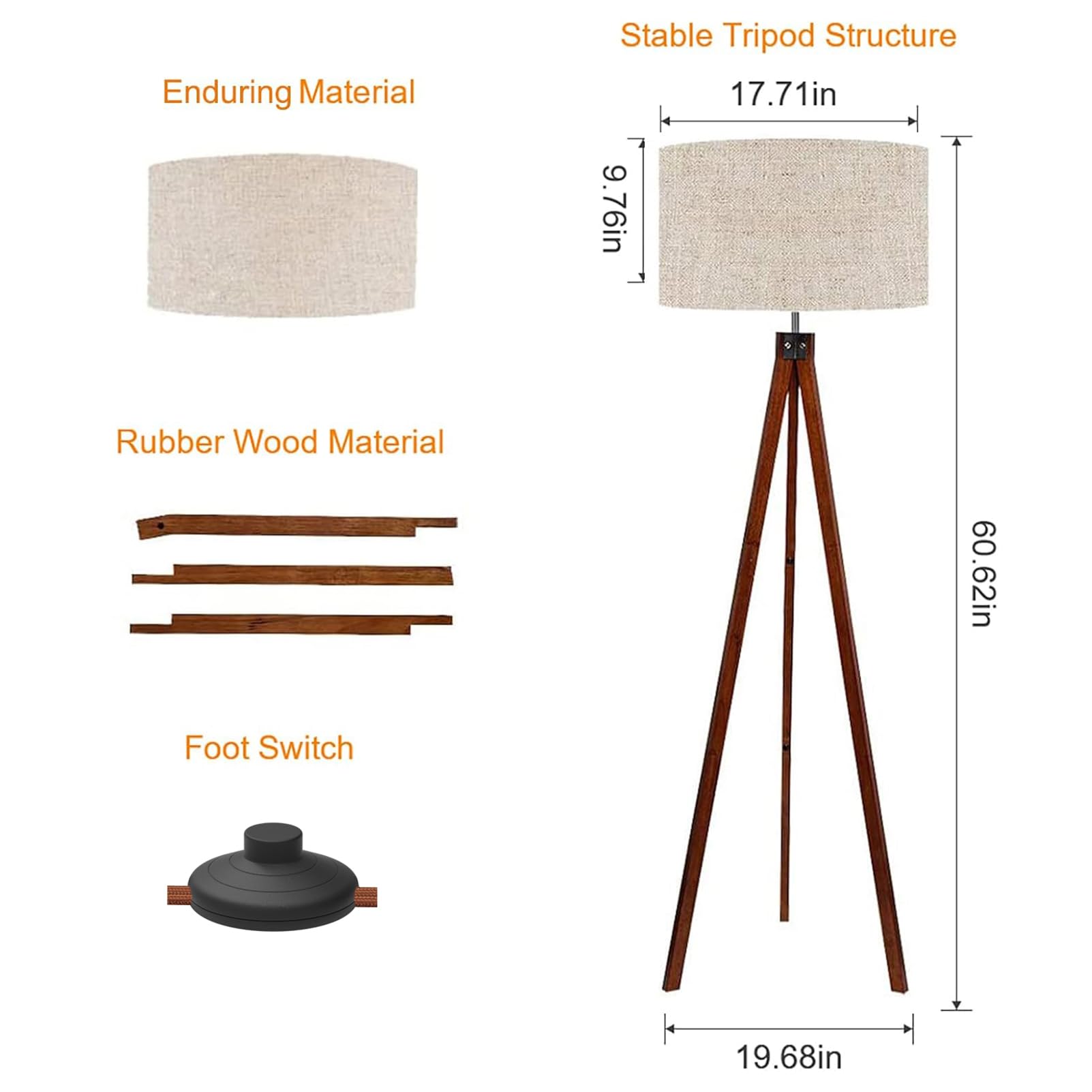 LEPOWER Mid Century Modern Wood Tripod Floor Lamp with Flaxen Shade - E26 Base Brown Standing Light for Living Room, Bedroom, Study & Office - Perfect for Reading, Working & Ambient Lighting