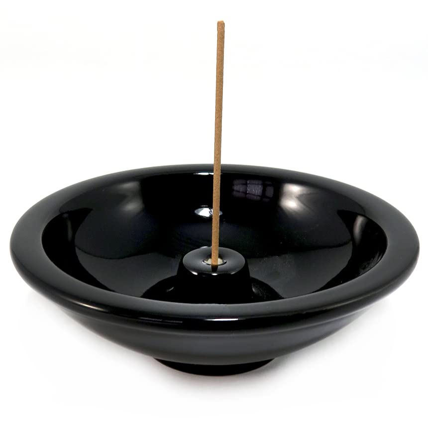 SHOYEIDO Premium Ebony Wood Round Ceramic Incense Burner Holder - Aromatic Home Decor for Meditation, Yoga & Relaxation Spaces