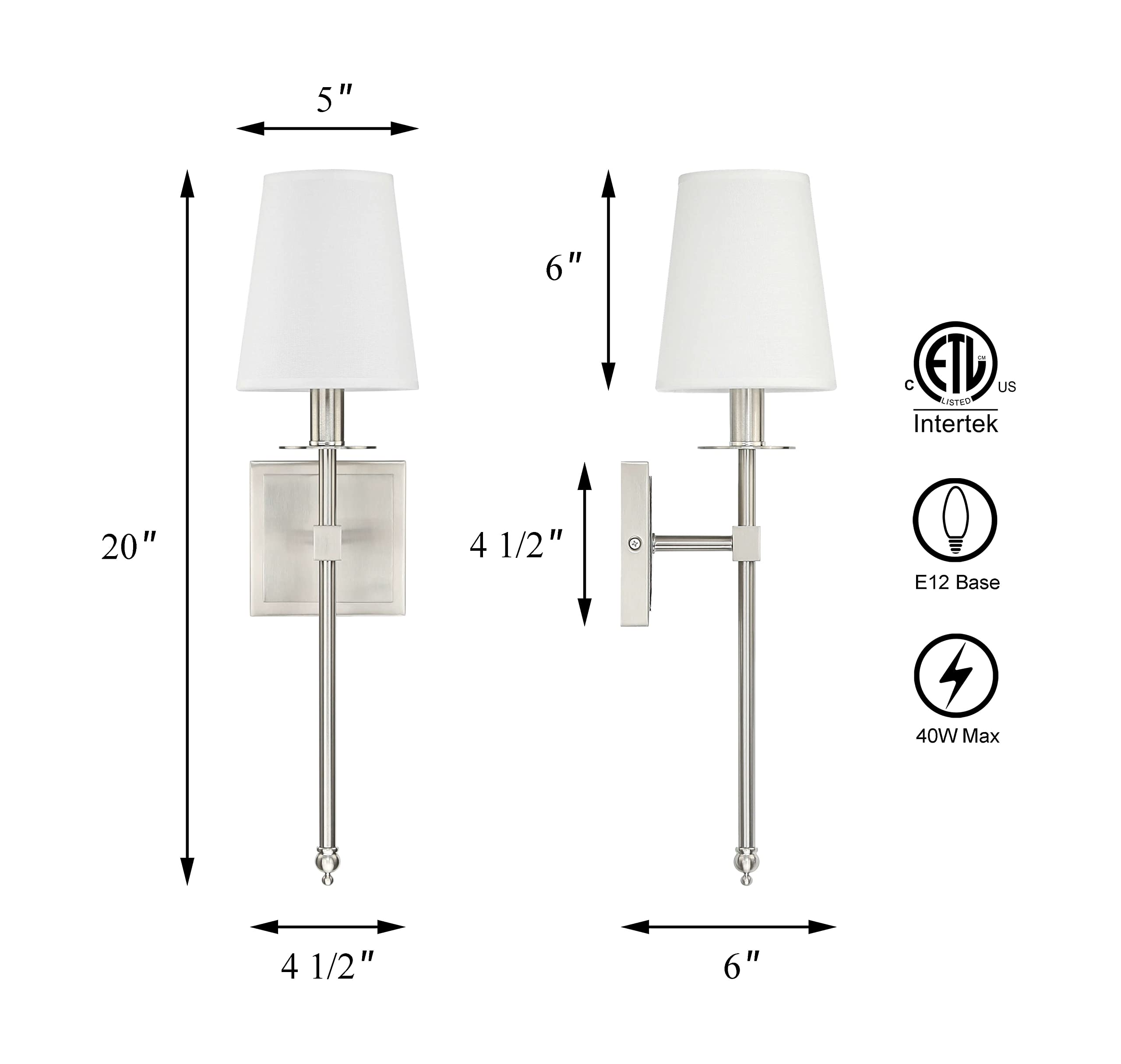 XiNBEi Modern Wall Sconce Light Set of 2 - Flared Fabric Shade Bedside Lamp with Brushed Nickel Finish for Bedroom, Bathroom & Living Room | Perfect for Reading Nook, Vanity Mirror Lighting & Cozy Ambiance