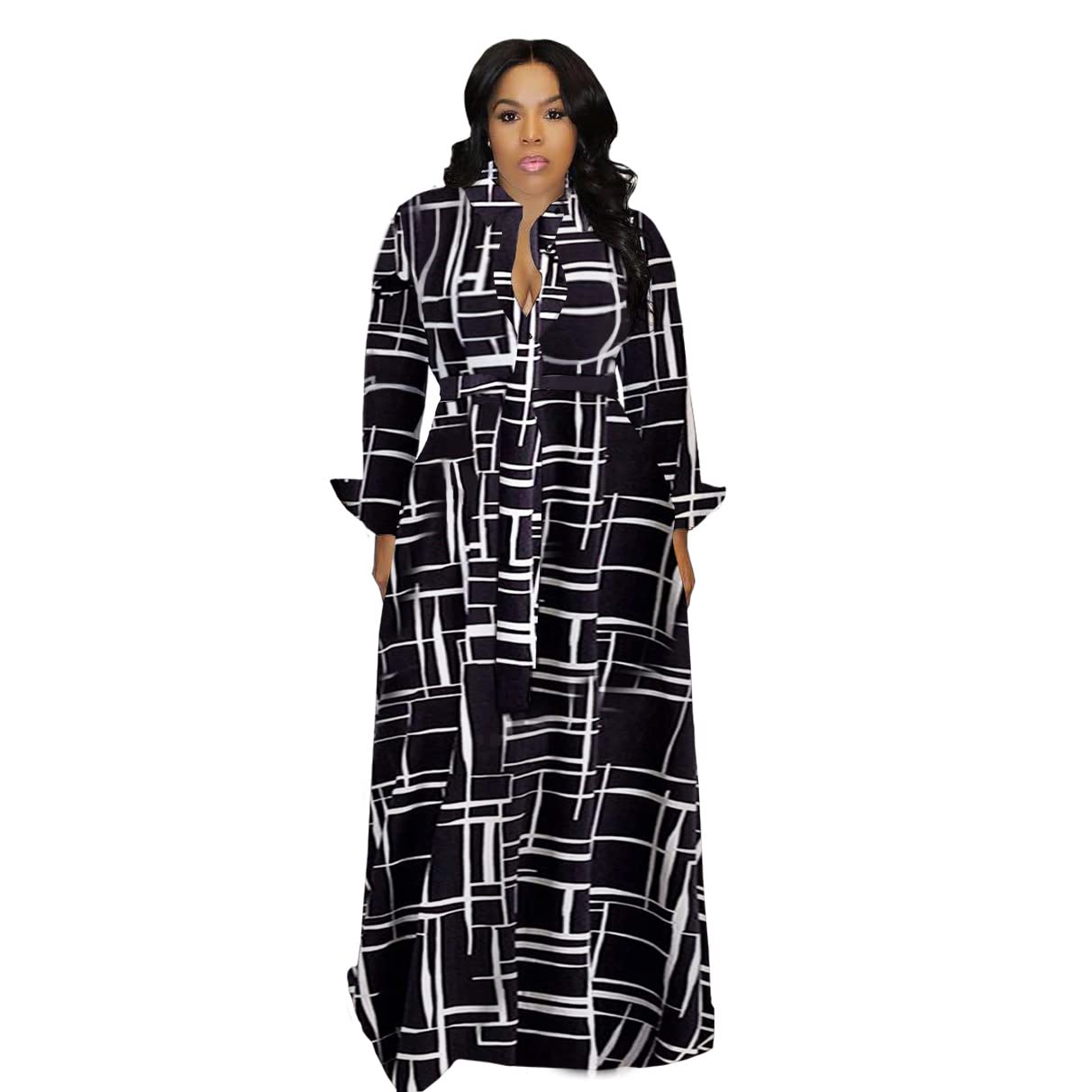 African Print Women's Maxi Shirt Dress with Belt - Long Sleeve Button Down Dashiki Dress for Plus Size - Perfect for Beach Vacations, Cultural Events & Boho Fashion