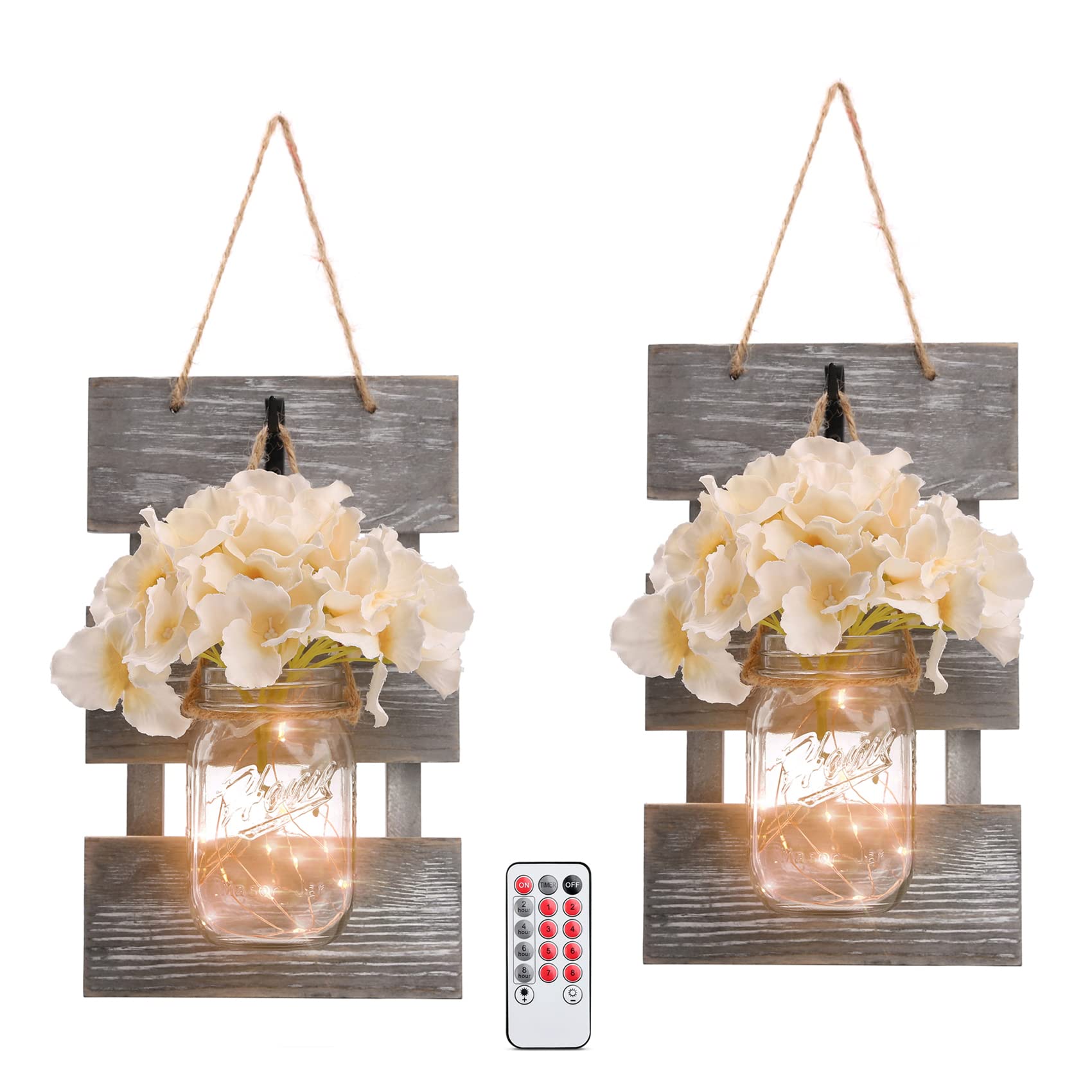 HOMKO Rustic Mason Jar Wall Decor with 6-Hour Timer LED Lights and Artificial Flowers - Farmhouse Home Decor Set of 2 for Living Room, Bedroom, or Wedding Centerpieces