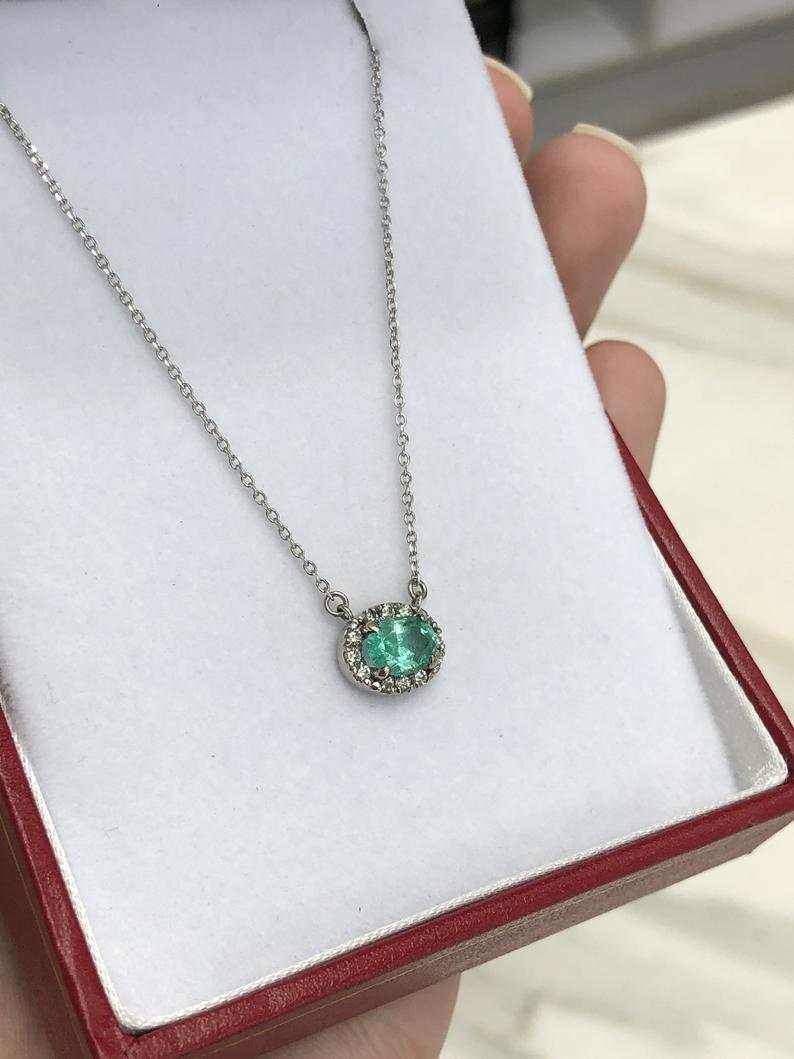 1.10tcw Oval Emerald & Diamond Halo Necklace in 14K Gold - Elegant Jewelry for Women, Perfect for Weddings, Anniversaries & Special Occasions