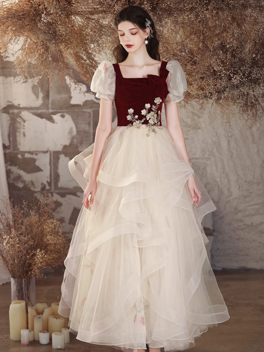 Elegant A-Line Tulle Velvet Burgundy and Champagne Long Prom Dress for Sweet 16 Party, Homecoming, Quinceañera & Formal Events