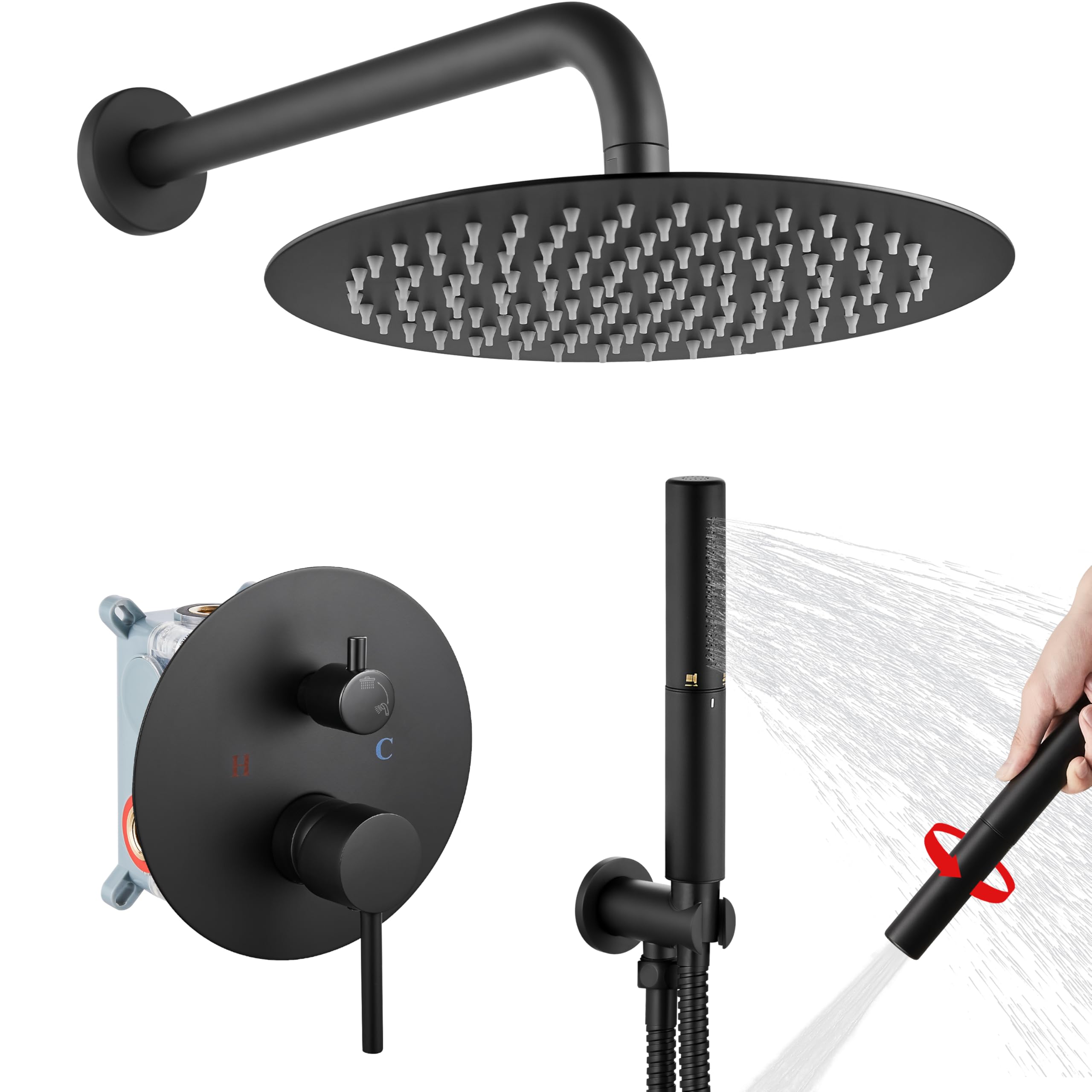 Airuida 2-Function Wall Mounted Shower Faucet Set - High Pressure Brass Handheld Shower with Rough-in Valve & 12 Inch Rainfall Shower Head in Matte Black - Perfect for Modern Bathroom Renovation & Spa-Like Shower Experience