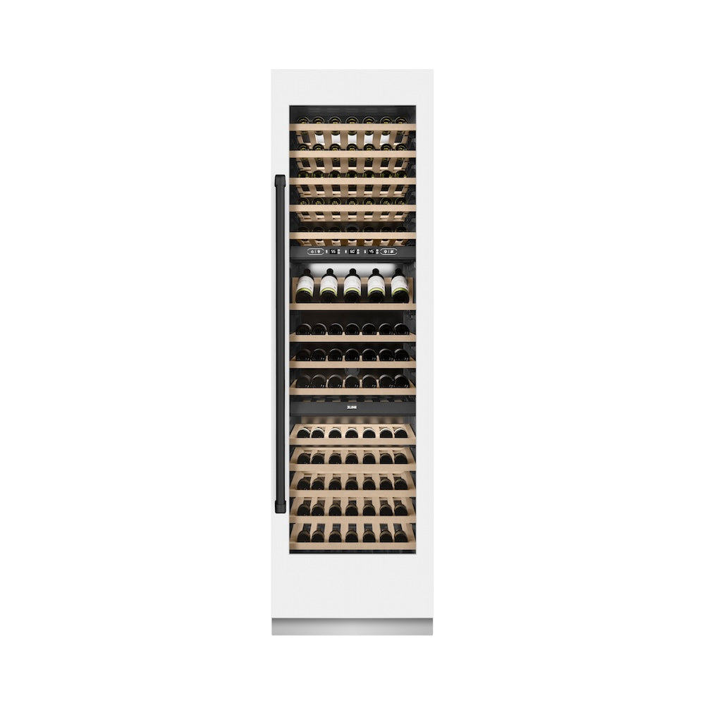 ZLINE Autograph Edition 24-Inch 12.4 cu ft Triple Zone 100 Bottle Wine Cooler Refrigerator - White Matte with Matte Black Accents (RCWVZ WM 24 MB) for Home Bar, Kitchen, and Wine Cellar Storage