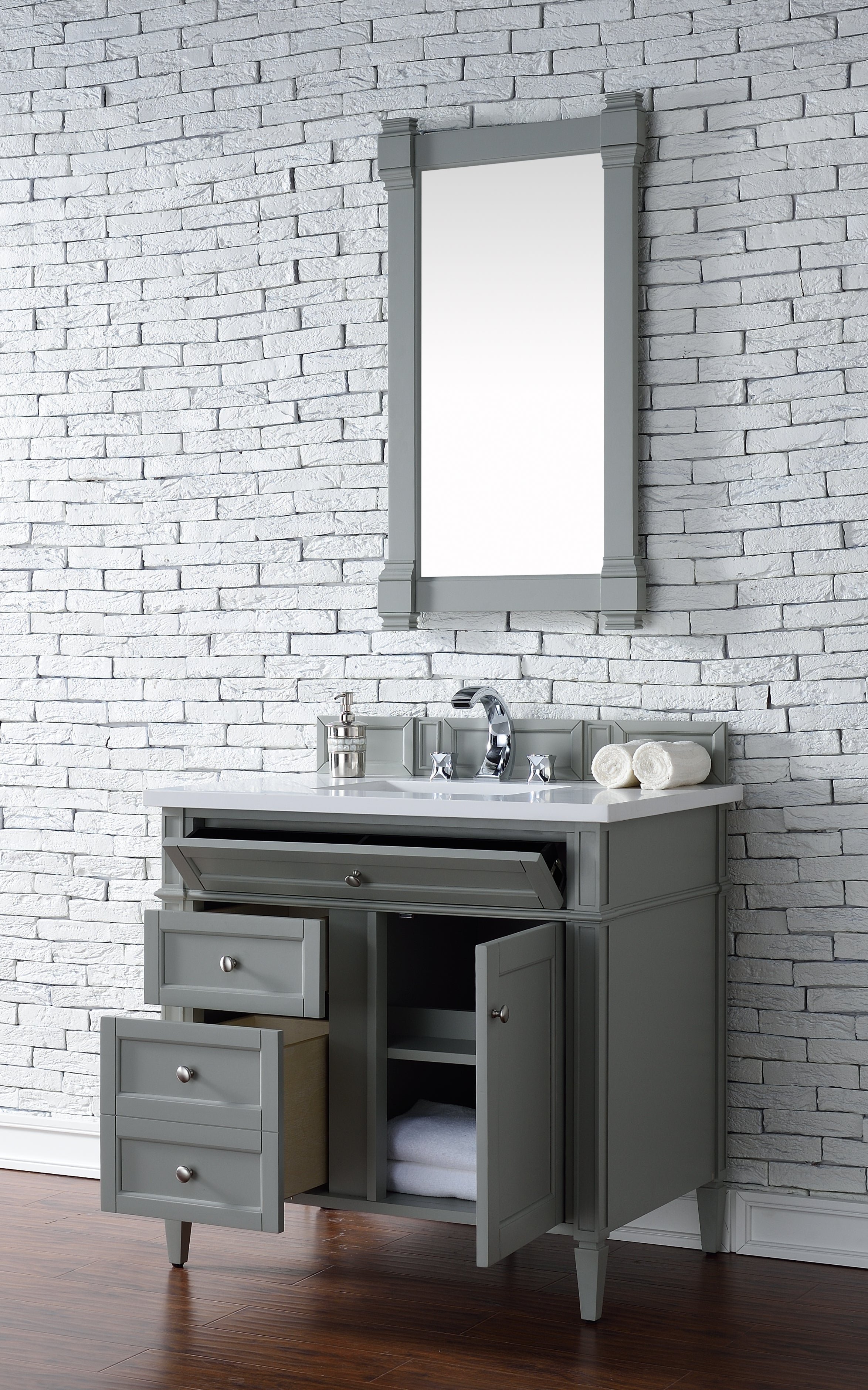 Brittany 36-Inch Urban Gray Bathroom Vanity with 3CM Classic White Quartz Countertop - Perfect for Modern Home Bathroom Remodeling