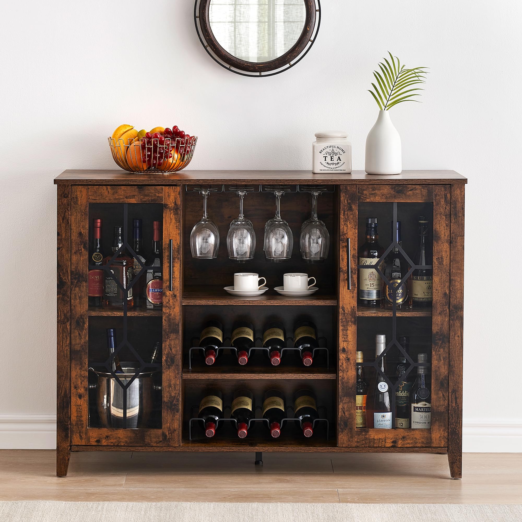 GAOMON Rustic Brown Wine Bar Cabinet with LED Lights - Home Coffee & Liquor Storage Cabinet with Glass Rack, Kitchen Buffet Sideboard for Dining Room, Bar - Perfect for Entertaining Guests & Organizing Glassware