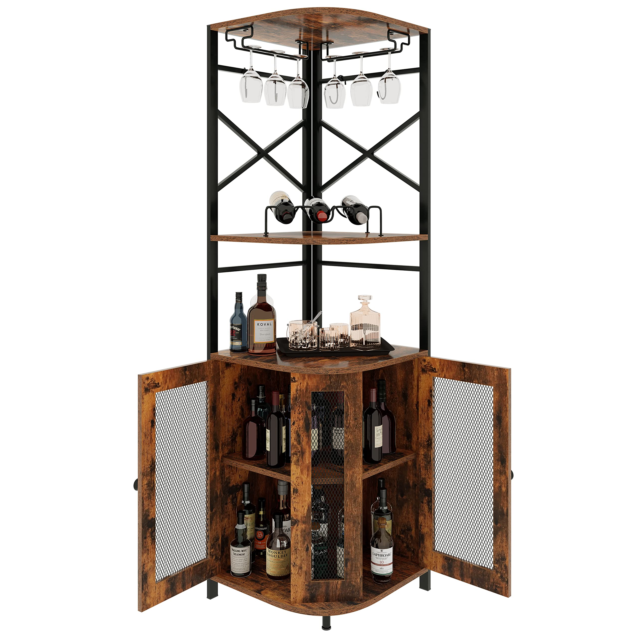 Rustic Brown Corner Bar Cabinet with Wine Rack, Glass Holder & Adjustable Shelves - Mesh Door Liquor Storage Cabinet for Home Bar, Dining Room or Entertainment Area