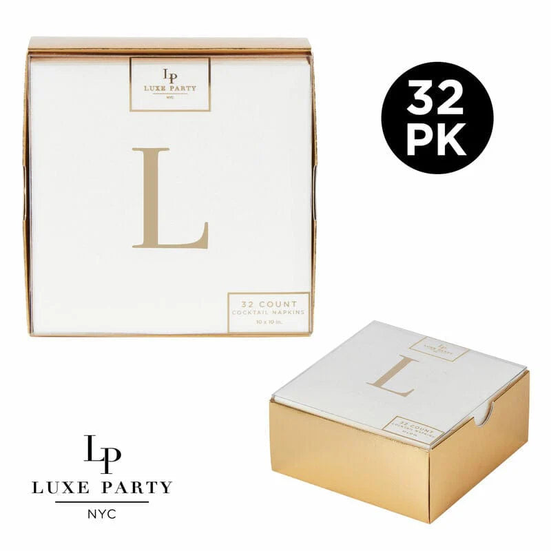 32-Pack Gold Metallic Cocktail Napkins - Premium Airlaid Paper for Parties, Weddings & Events - Elegant Letter L Design - Perfect for Cocktail Hours, Bridal Showers & Celebrations