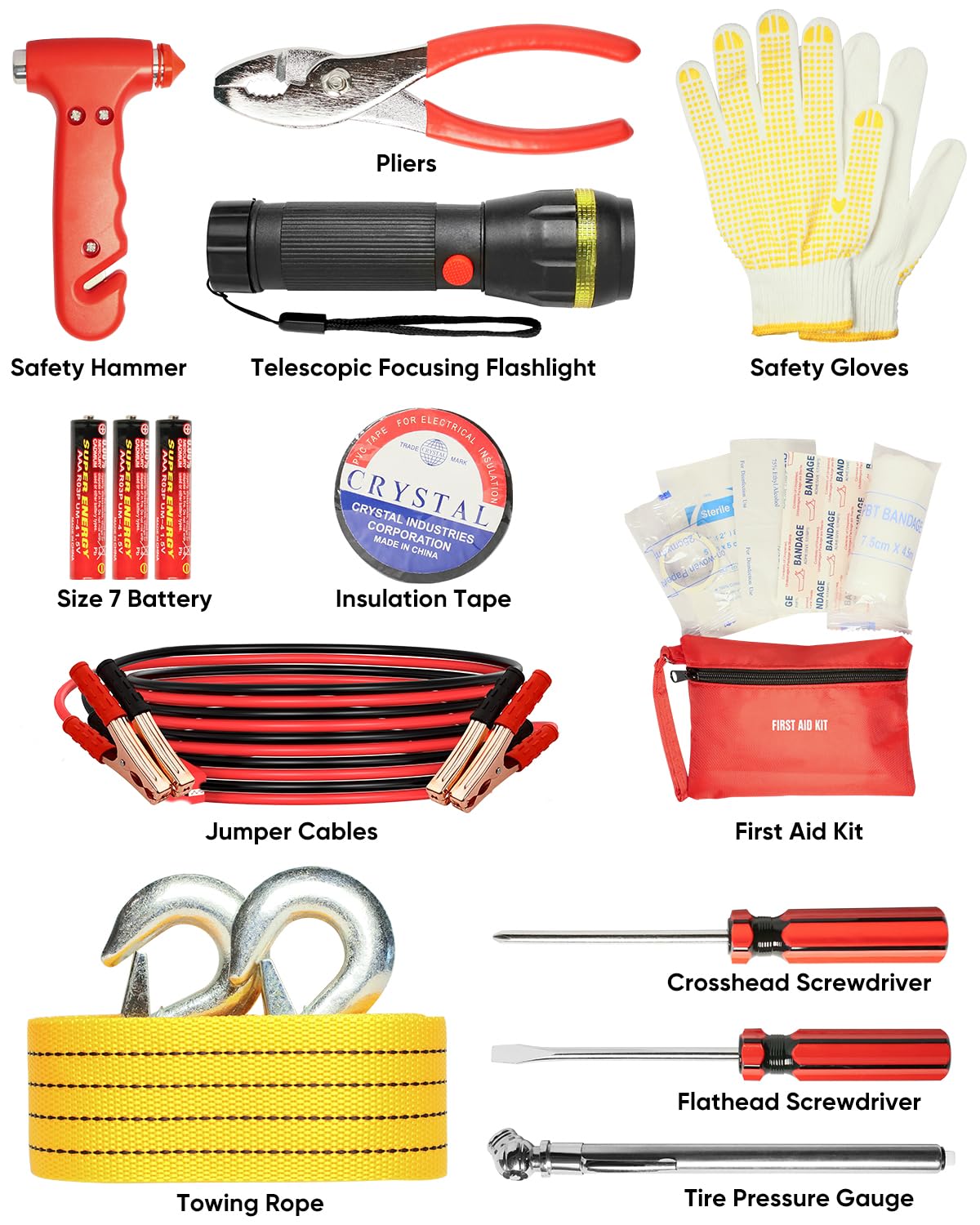 Premium Car Emergency Kit - Roadside Assistance Essentials with Warning Light, Reflective Triangle, Jumper Cables, Tow Strap, Flashlight & First Aid Kit | Complete Vehicle Safety Tools for Road Trips, Commuting & Winter Driving Preparedness