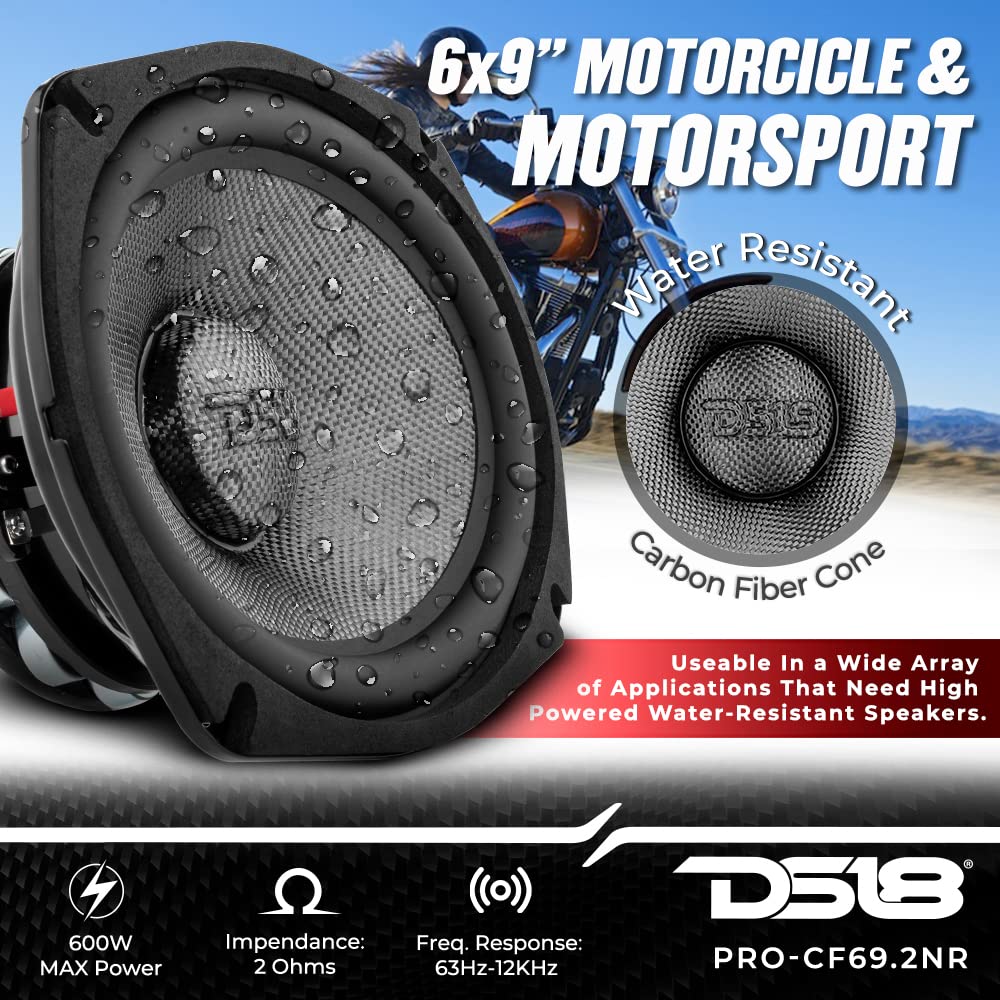 DS18 PRO-CF69.2NR 6x9 Inch Waterproof Car Speakers - 600W 2-Ohm Carbon Fiber Mid-Bass Woofer with Neodymium Magnet - High Performance Audio for Motorcycles, ATVs, Boats & Off-Road Vehicles (Renewed)