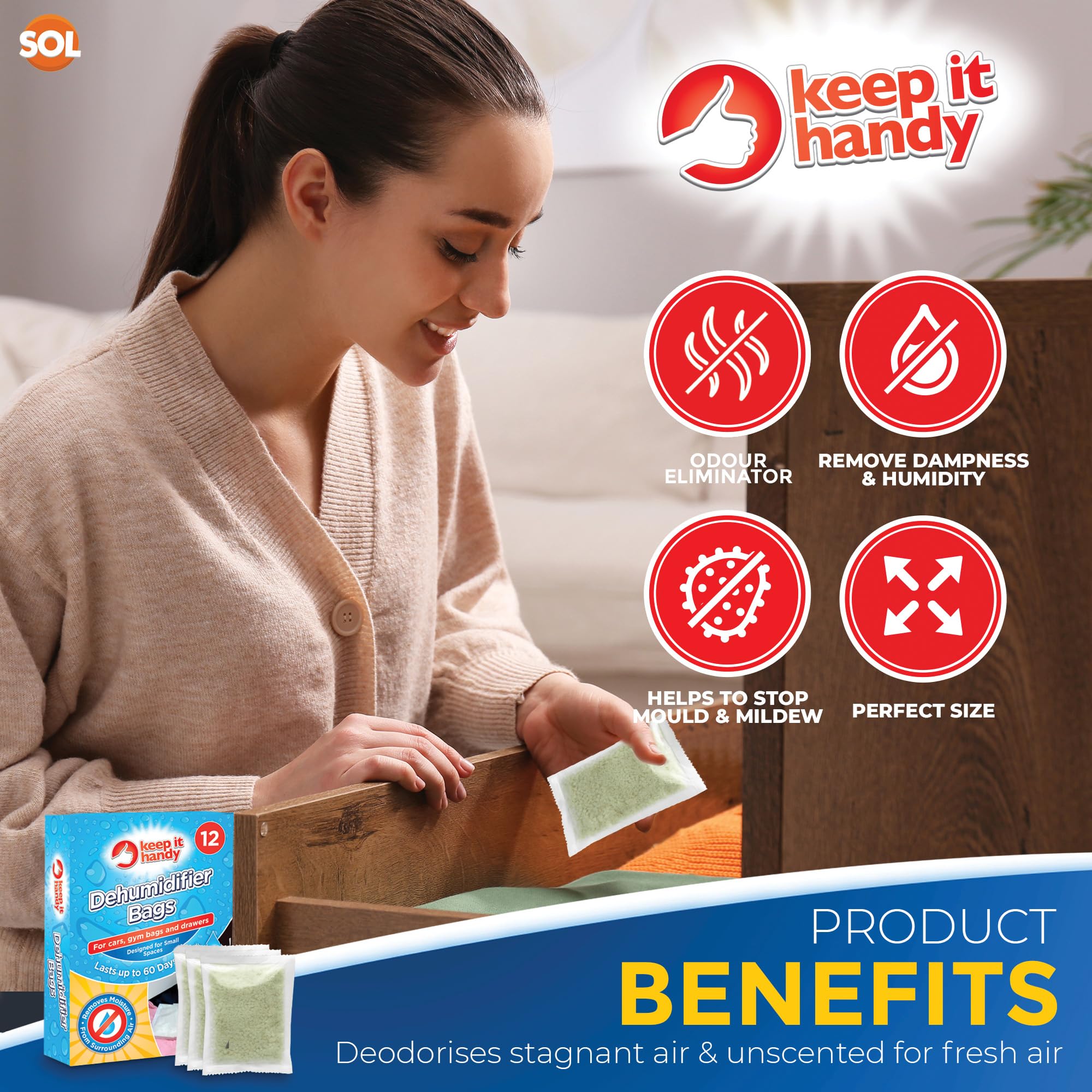 SOL 12-Pack Dehumidifier Bags - Moisture Absorbers for Home, Closet, Car & RV - Compact Disposable Damp Control with Odor Elimination - Perfect for Small Spaces, Basements, Boats & Storage Units