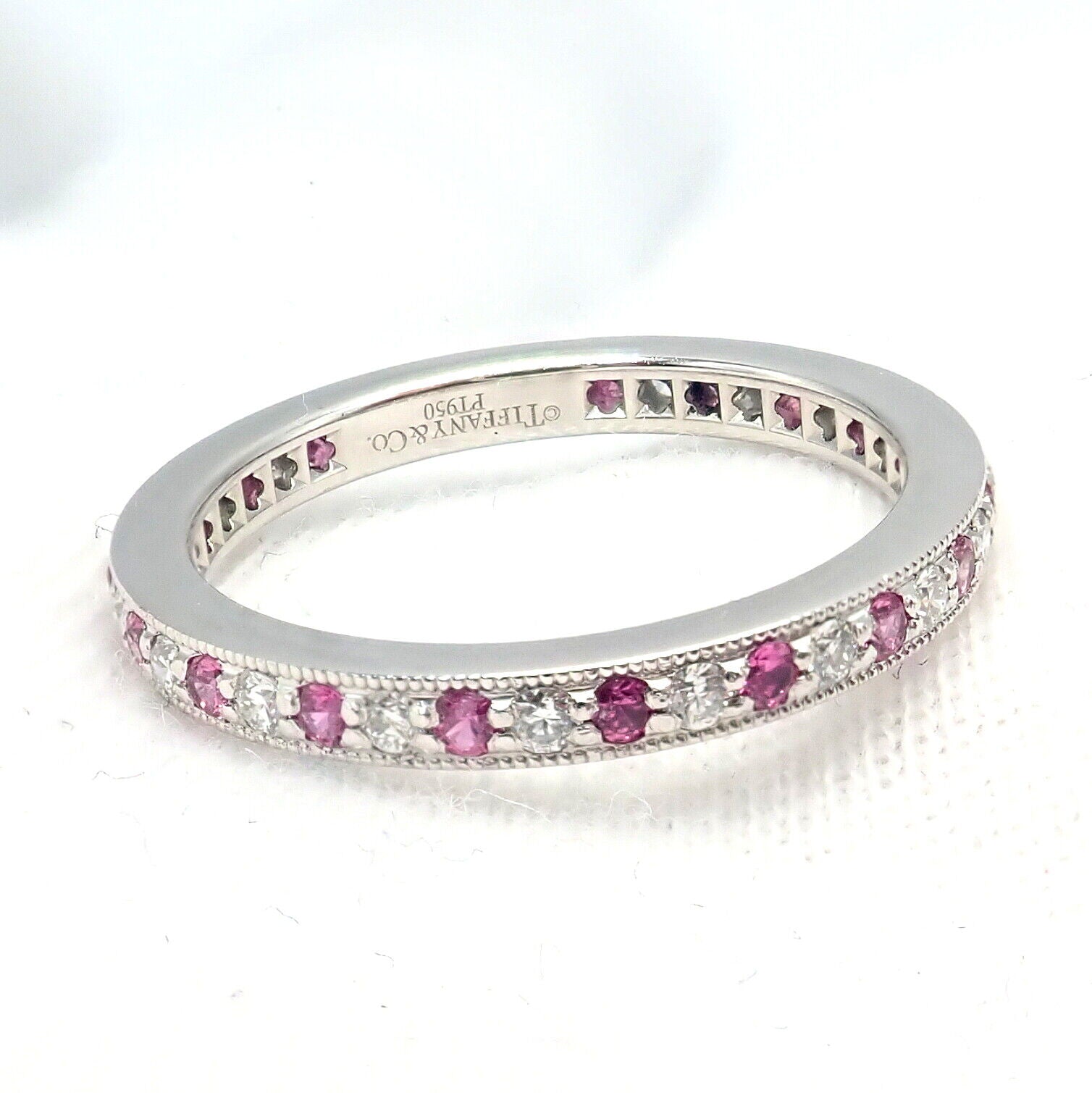 Tiffany & Co Platinum Diamond Pink Sapphire Milgrain 2.5mm Wedding Band Ring Size 5.75 - Perfect for Engagement, Anniversary & Special Occasion Gifts