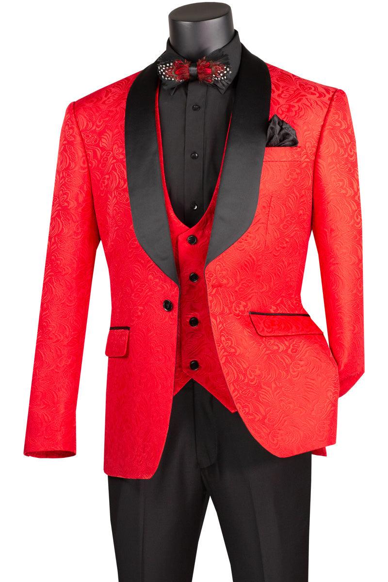 Elegant Red Jacquard Three-Piece Slim Fit Tuxedo Suit for Men | Formal Wedding & Prom Attire | Perfect for Black Tie Events & Special Occasions