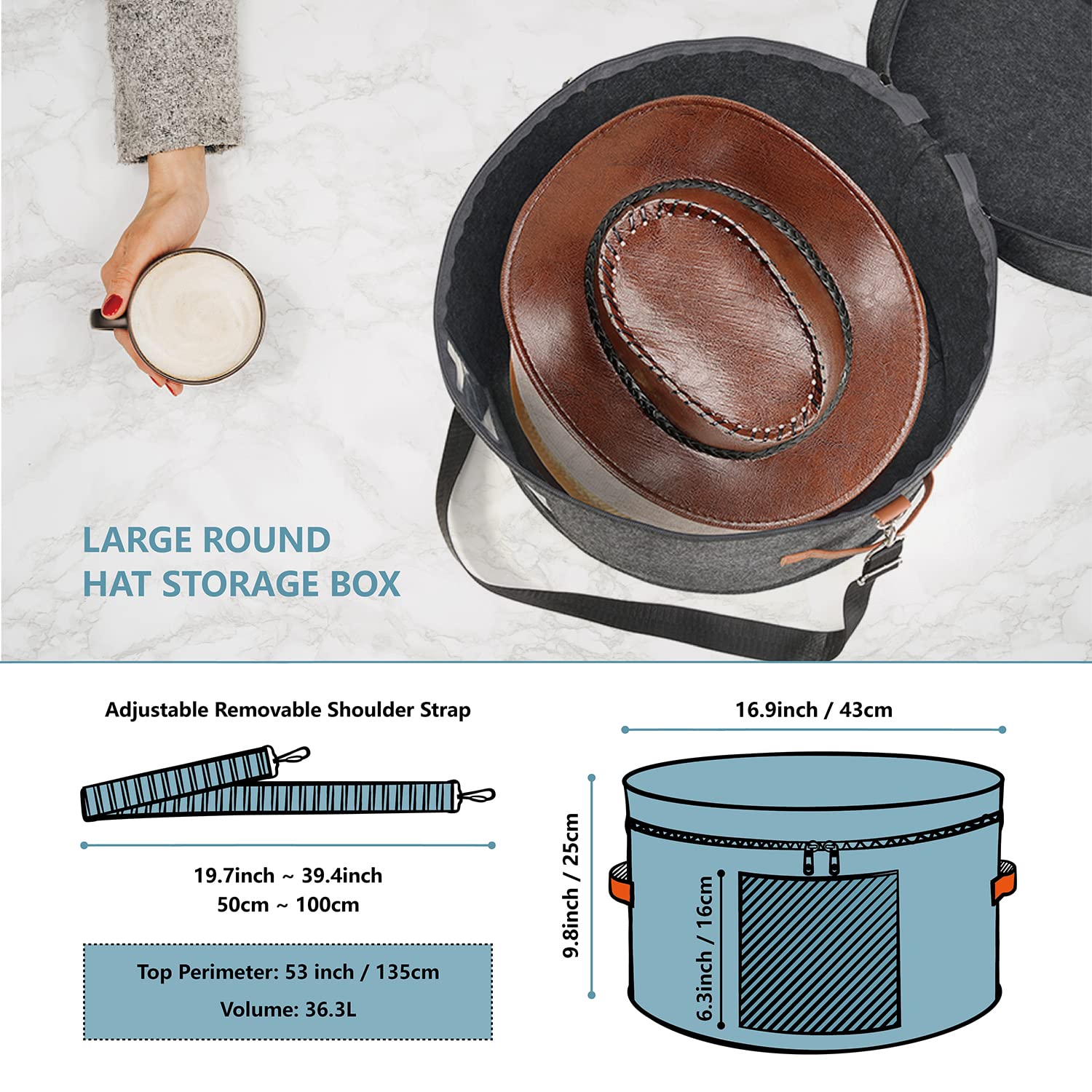 Black Hat Box for Men & Women | Universal Travel Hat Organizer | Large Round Foldable Dustproof Storage with Lid | Cowboy Hat & Stuffed Animal Organizer | Perfect for Closet, Travel & Toy Storage