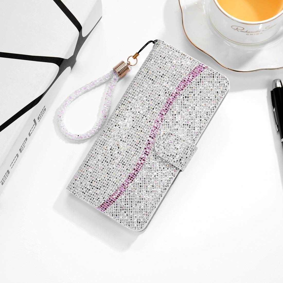 Samsung Galaxy A21s Glitter Powder Leather Phone Case with Card Slots, Holder & Lanyard - Horizontal Flip Design (Silver) | Perfect for Daily Use, Travel & Hands-Free Convenience