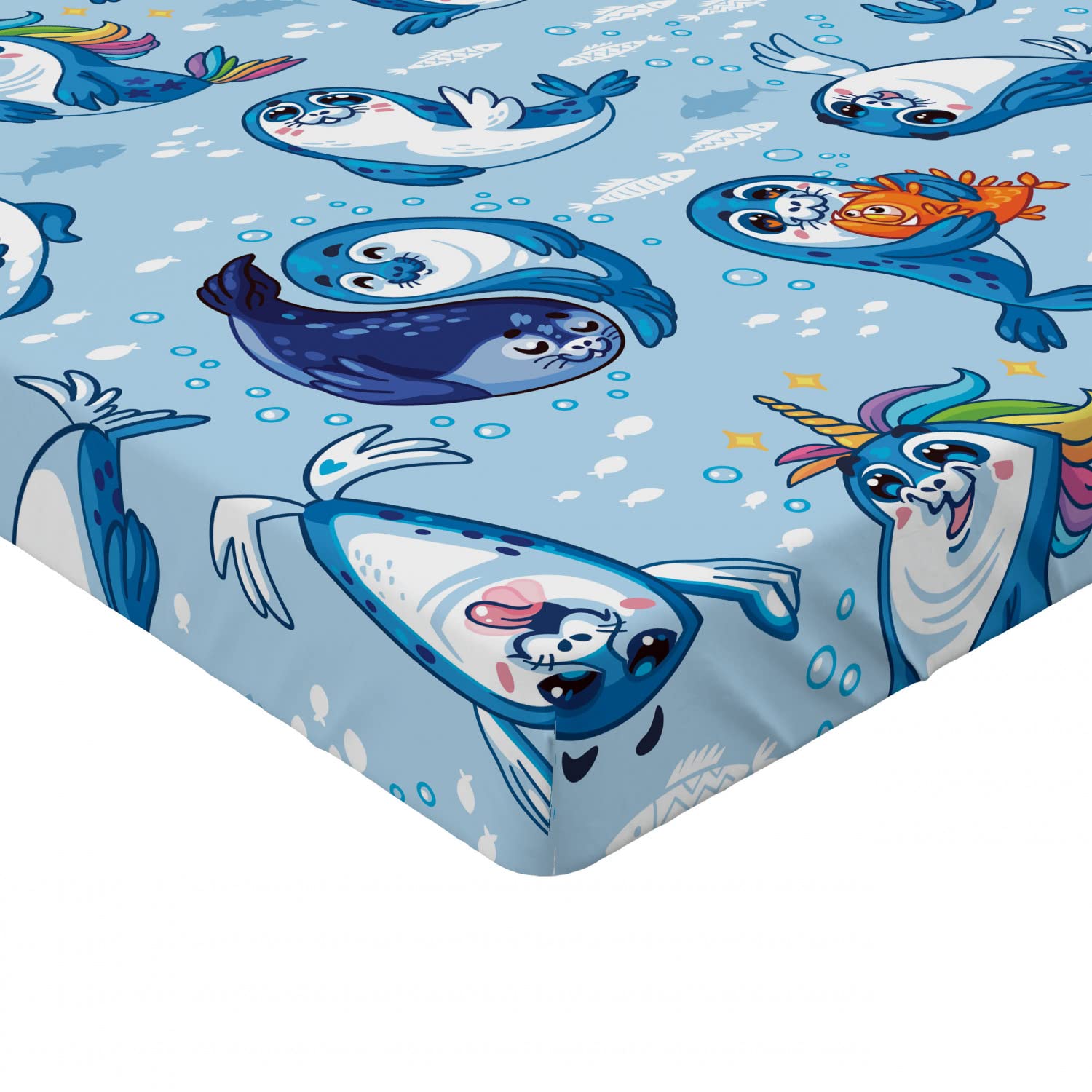 Ambesonne King Size Fitted Sheet - Sea Animals & Seal Pup Aquatic Wildlife Design with Water Bubbles, Deep Pocket All-Around Elastic for Comfort, Blue White Marigold - Perfect for Kids' Rooms, Beach Houses & Ocean-Themed Bedrooms