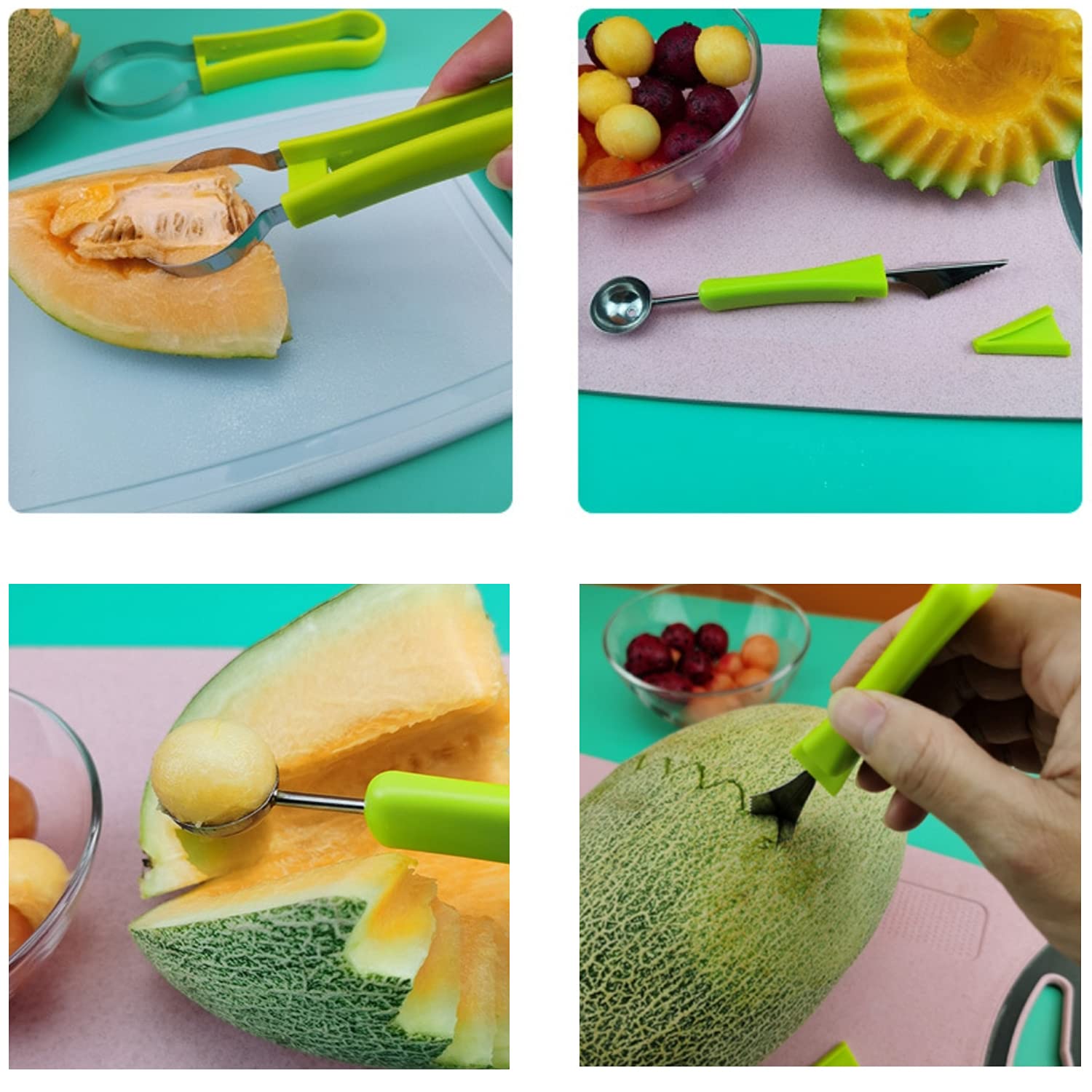 4-in-1 Multi-Function Fruit Carving Tool Set - Watermelon Baller, Melon Scoop, Cantaloupe Peeler & Kitchen Decorator | Perfect for Fruit Platters, Party Food Garnishing & Professional Kitchen Use