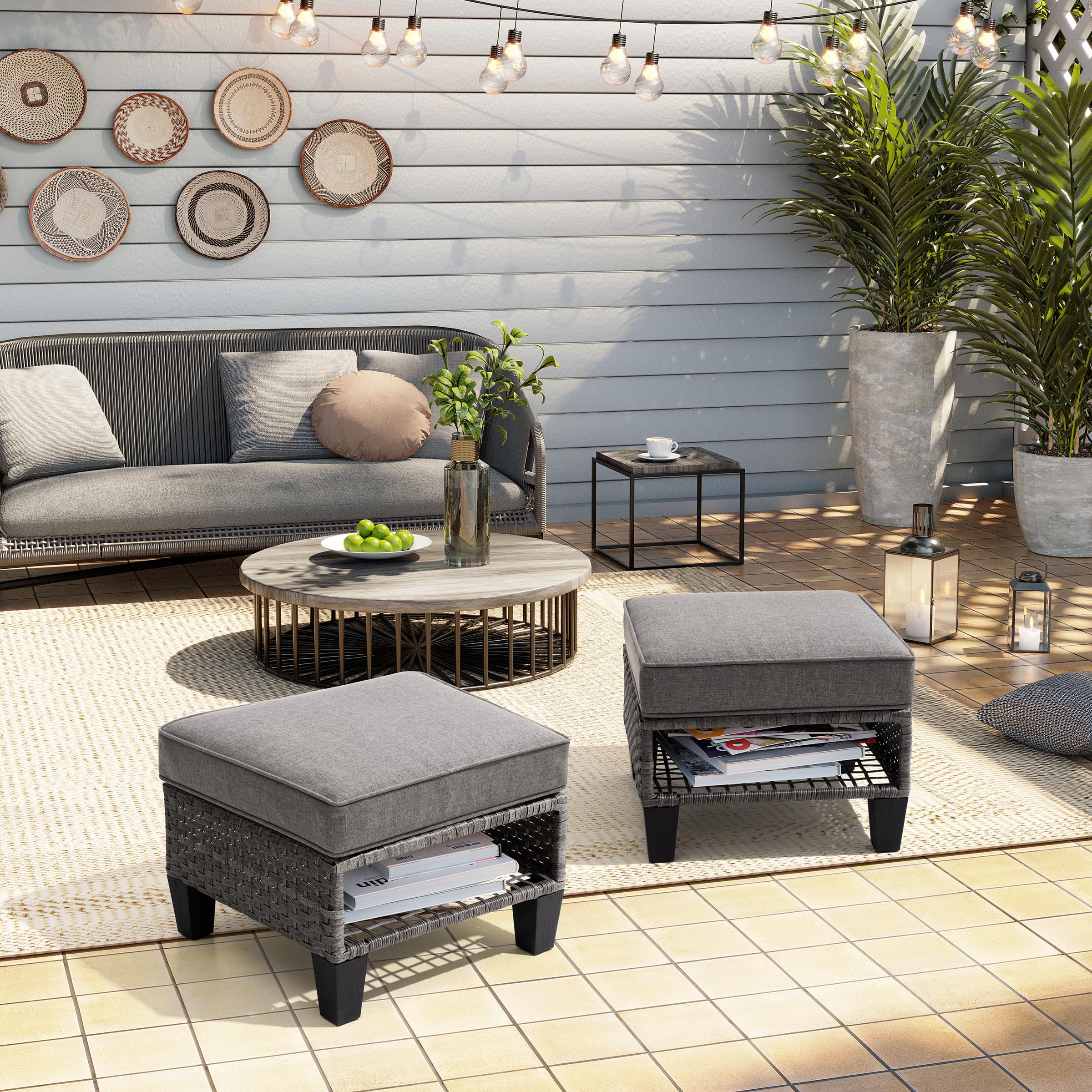 2-Piece Outdoor Patio Wicker Ottoman Set with Removable Cushions - Indoor Rattan Footrest Seat for Living Room, Bedroom, Balcony, Backyard & Garden - Perfect for Relaxing and Decorating Your Home