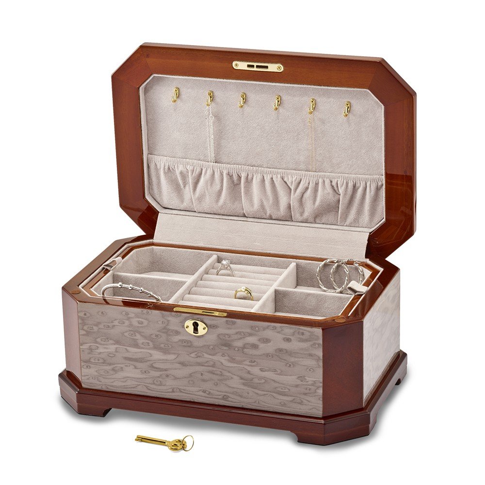 Exquisite Cat Eye Burl Wood Jewelry Box with Blue & Red Inlay - Glossy Finish for Jewelry Storage, Gift Giving & Home Décor