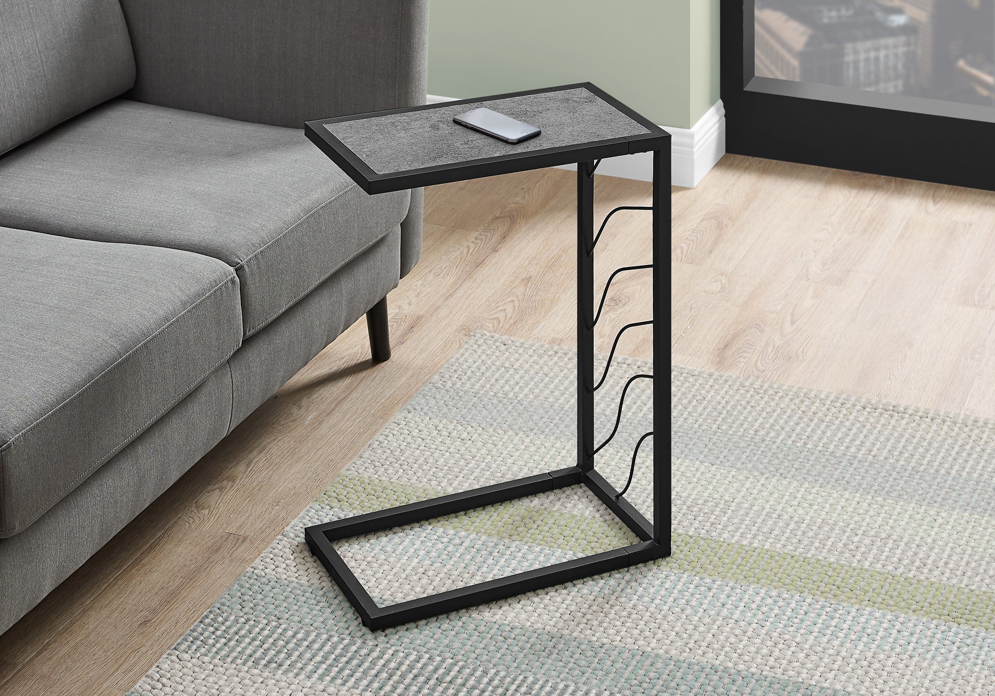 Modern Grey Stone Look Accent Table with Black Metal Frame - 25
