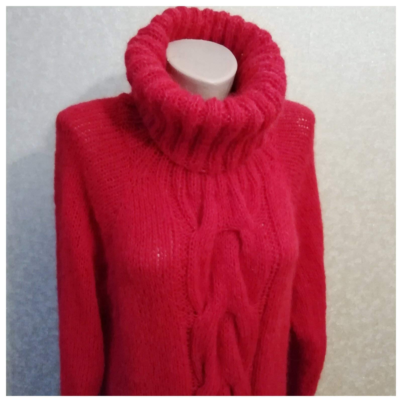 Handmade Bright Red Mohair Turtleneck Sweater Dress for Women - Oversized High Collar, Long Braid, Chunky Knit, Elegant Maternity Tunic, Floor Length | Perfect for Winter Weddings, Holiday Parties & Cozy Office Wear