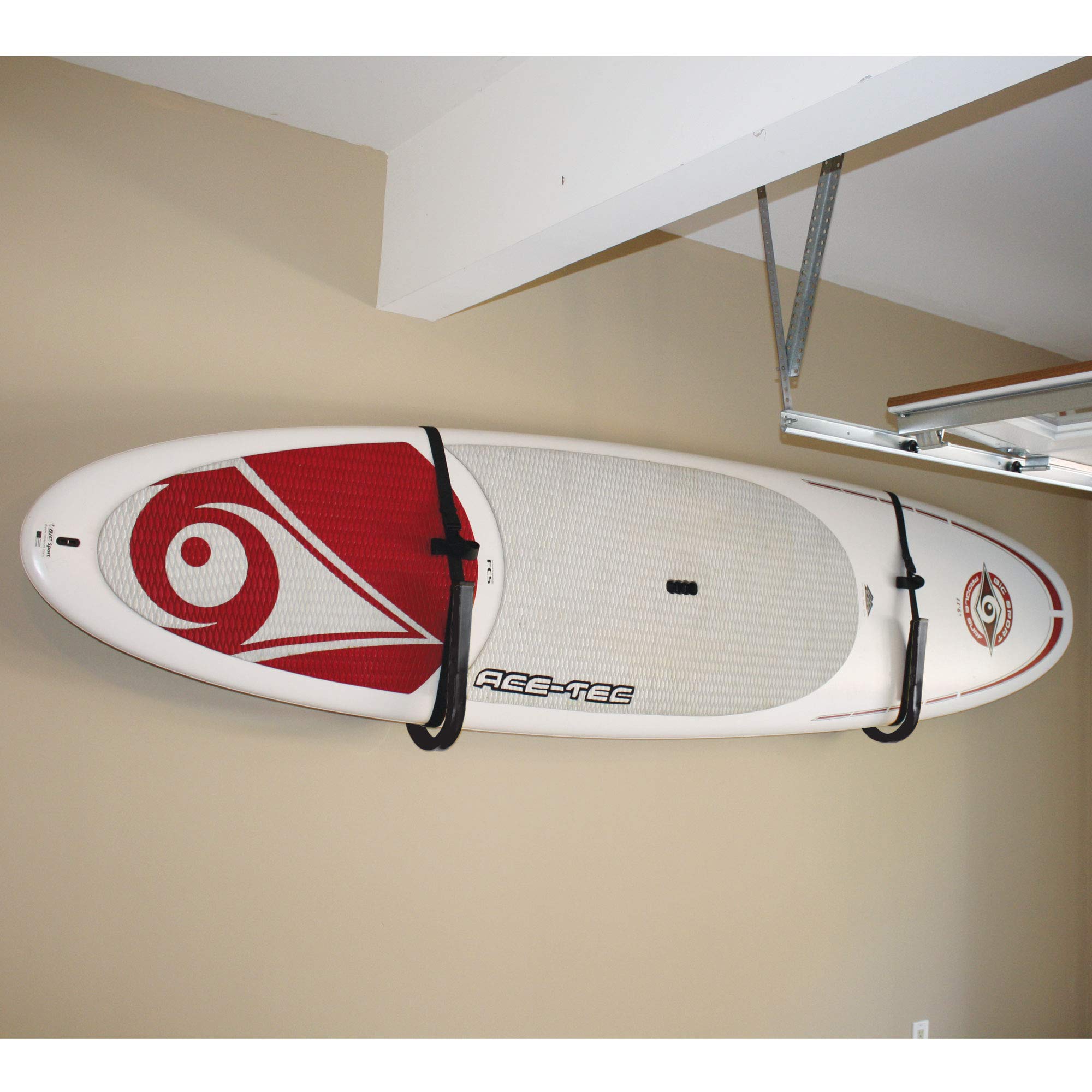 Suspenz SUP Wall Storage Rack - Heavy Duty Stand Up Paddle Board and Surfboard Holder with Safety Straps - Space Saving Wall Mount for SUP, Surfboard, Kayak Paddle Storage - Black (12-0105) - Perfect for Garage, Boat House, or Beach Home Organization