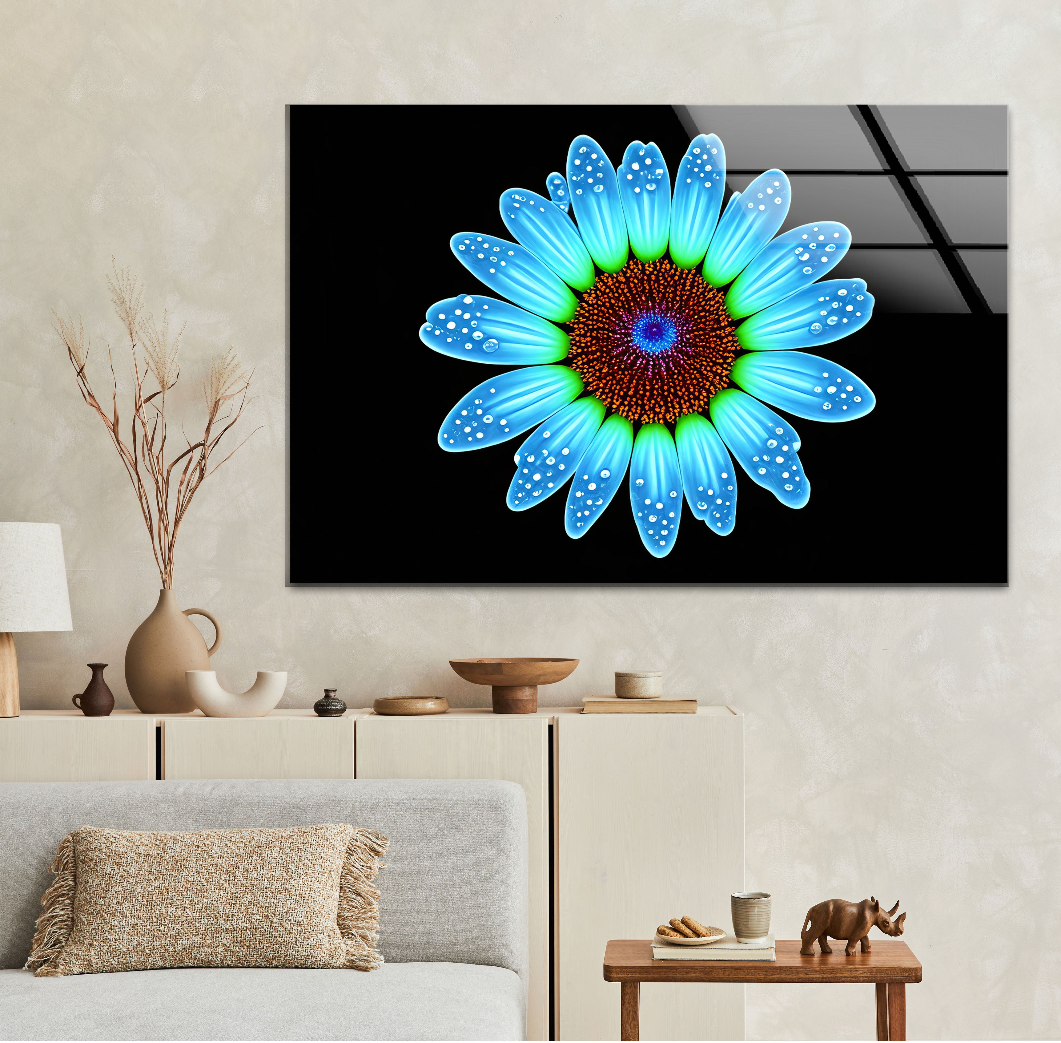 Blue Daisy Flower Wall Art - Luminous Glass Print on Black Background with Water Droplet Detail | Modern Home Decor for Living Room, Bedroom & Office | Elegant Botanical Wall Decor for Contemporary Interiors