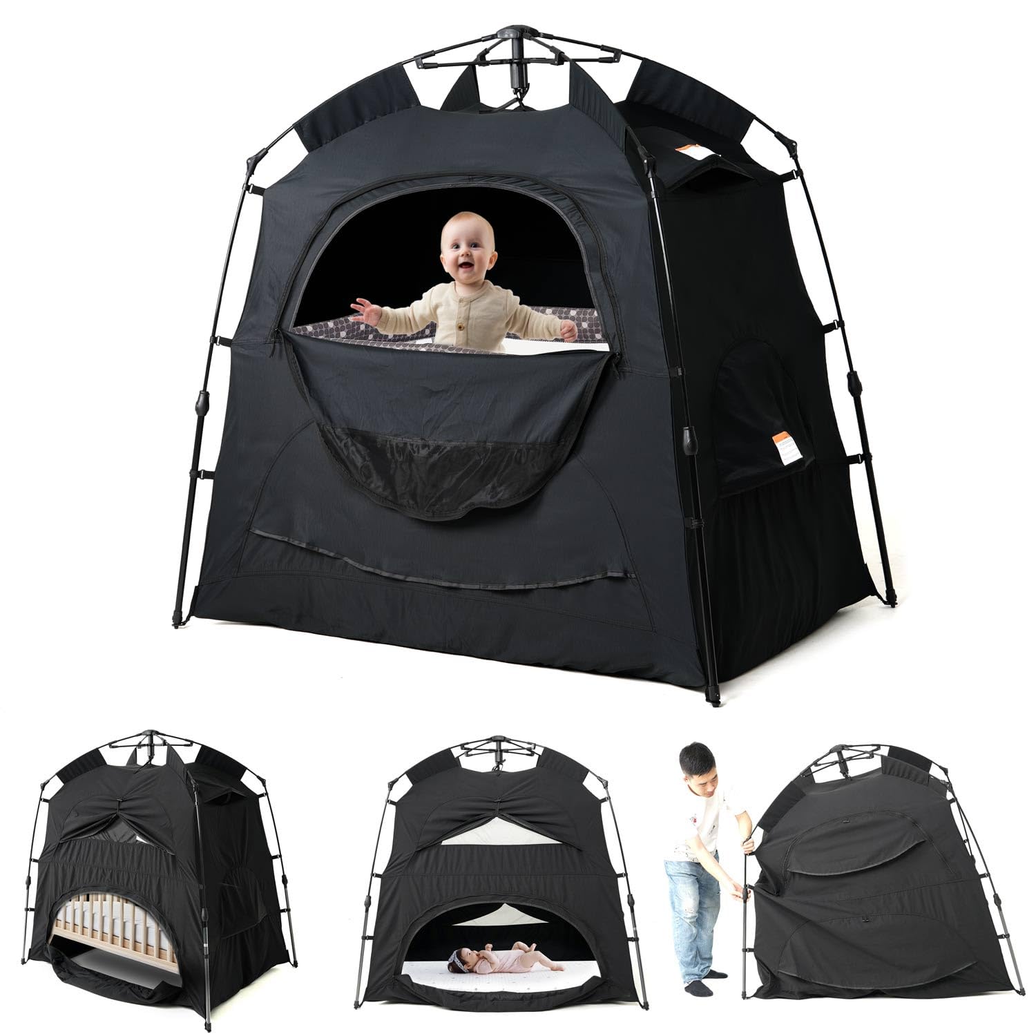 Porayhut Baby Blackout Sleep Tent - 95% Light Blocking Travel Crib Cover for Pack and Play, Portable Sleeping Pod with Breathable Mesh Windows, Monitor & Fan Pockets - Perfect for Toddlers, Kids, Travel, Camping & Nursery Use