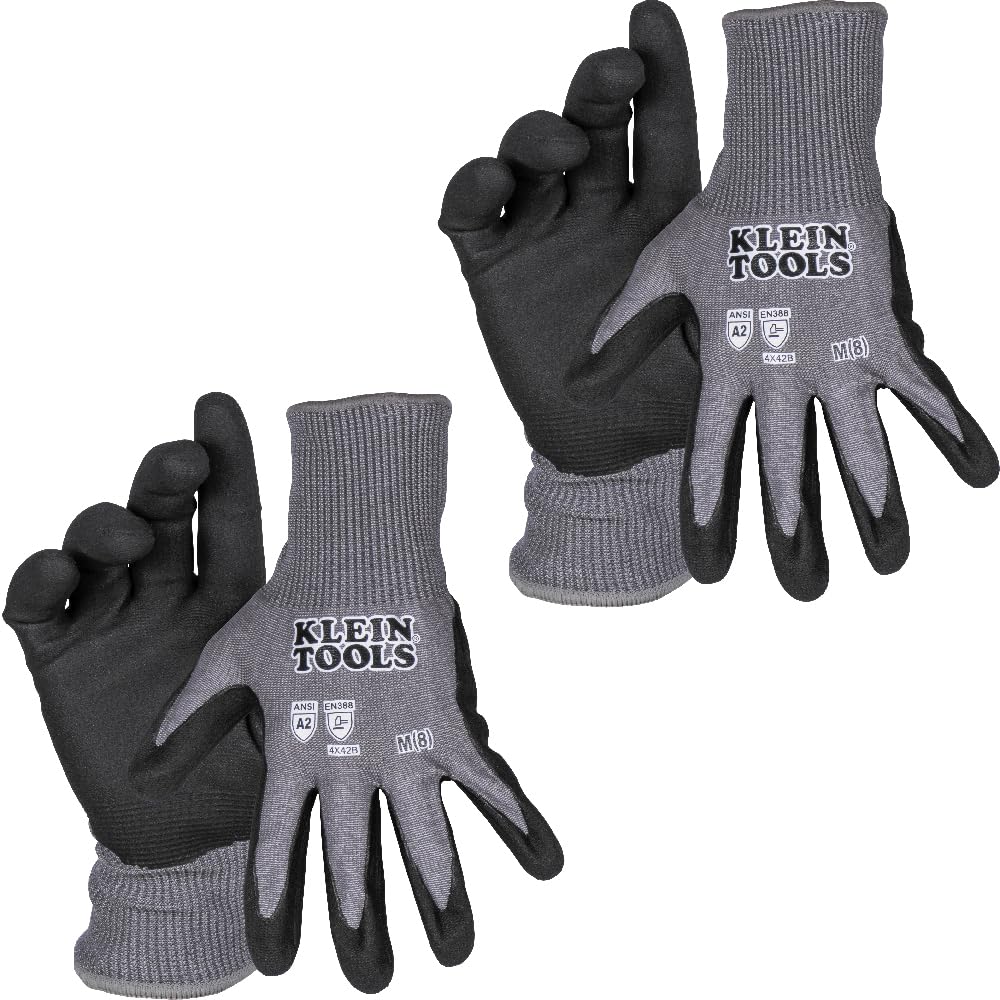 Klein Tools 60584 Cut Resistant Work Gloves - ANSI A2 Rated, Nitrile Coated HPPE Fabric, Touchscreen Compatible (Medium, 2-Pair) for Construction, Electrical Work & DIY Projects