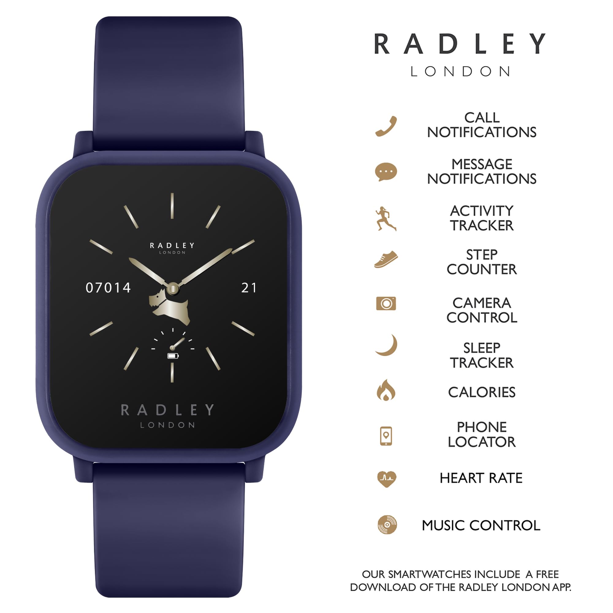 RADLEY Women's Blue Digital Quartz Smart Watch with Silicone Strap RYS10-2153 - Fitness Tracker, Heart Rate Monitor & Waterproof Smartwatch for Running, Workout & Everyday Use