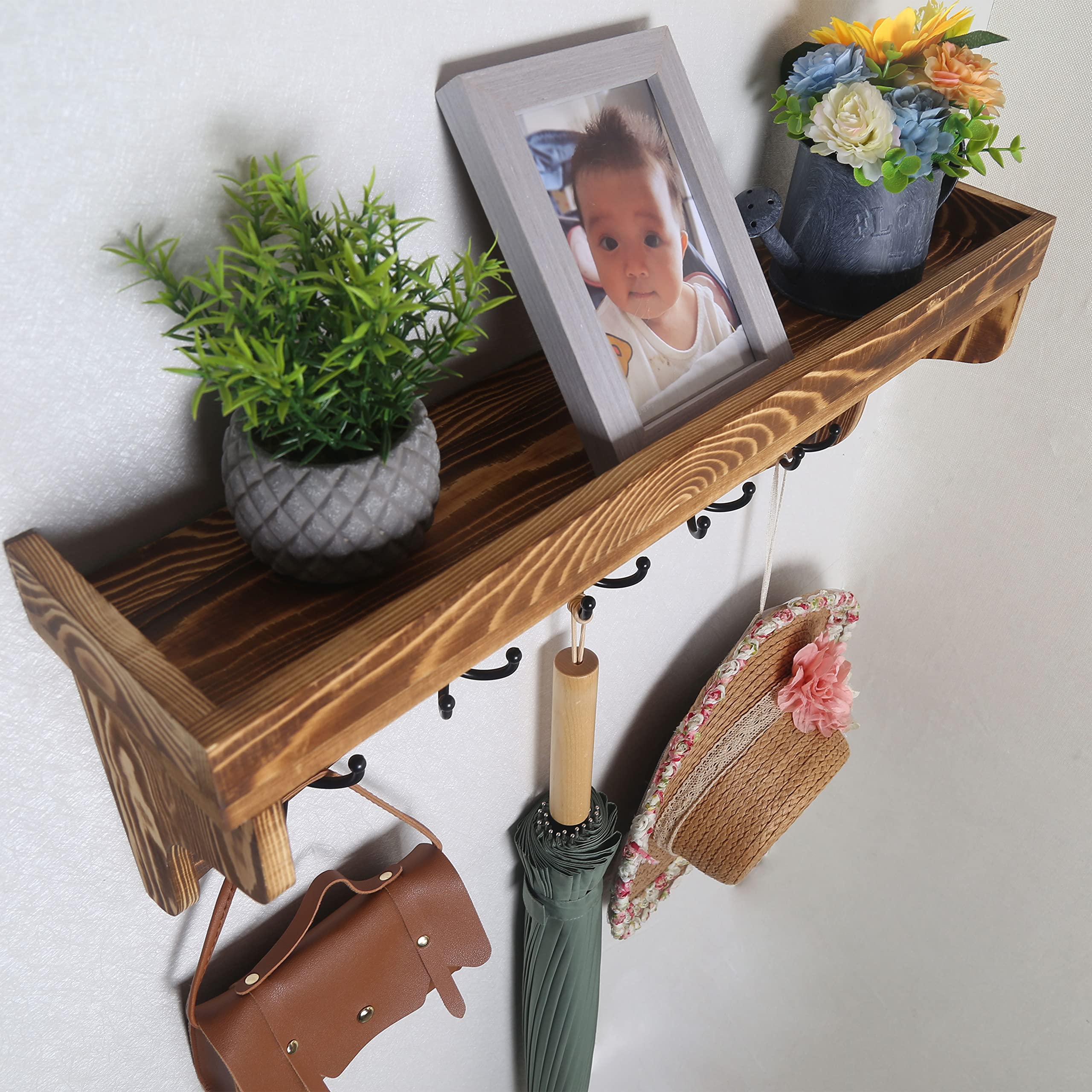 WEBI 24’’ Wall Shelf with 5 Triple Hooks - Rustic Brown Coat Rack & Key Holder - Bathroom & Entryway Storage Solution - Space Saving Wall Mounted Shelf for Hats, Bags & Home Organization