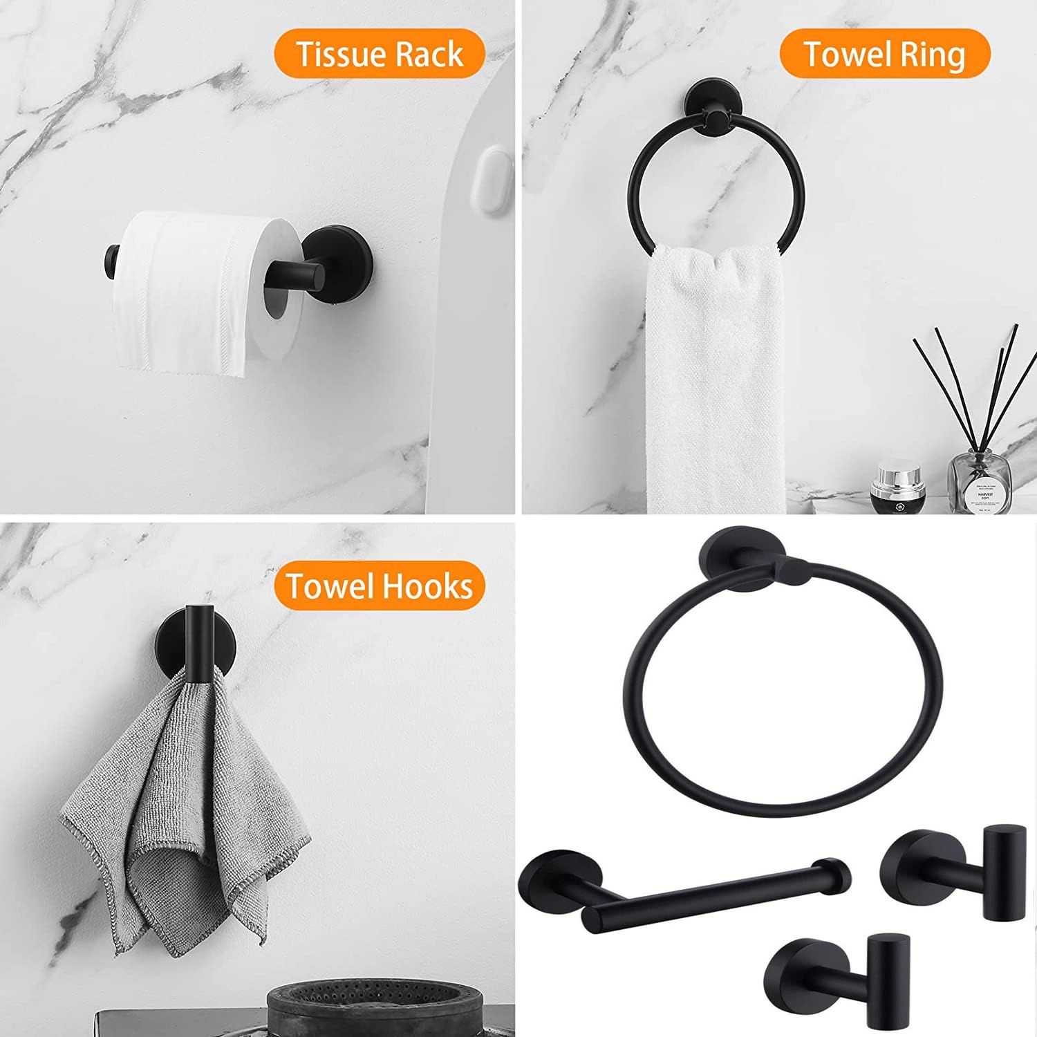 Premium 4-Piece Bathroom Hardware Set - 304 Stainless Steel Wall Mounted Robe Hooks, Toilet Paper Holder & Towel Ring (Black) - Durable Bath Accessories for Modern Home & Hotel Decor