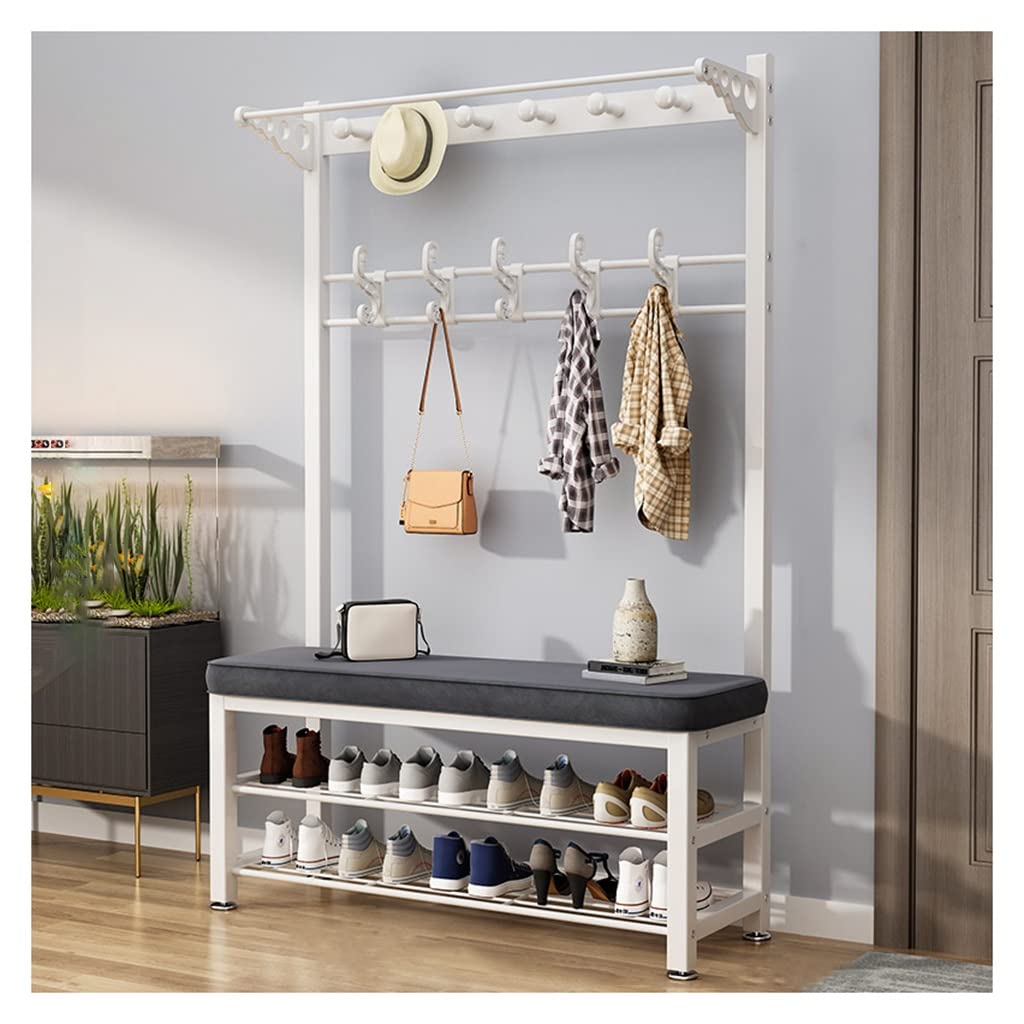 YAWEDA 4-in-1 Hall Tree Coat Rack with Shoe Storage Bench - Entryway Organizer with 16 Hooks, Industrial Style Metal Frame Entry Bench for Foyer, Mudroom or Bedroom - Easy Assembly Home Furniture for Small Spaces