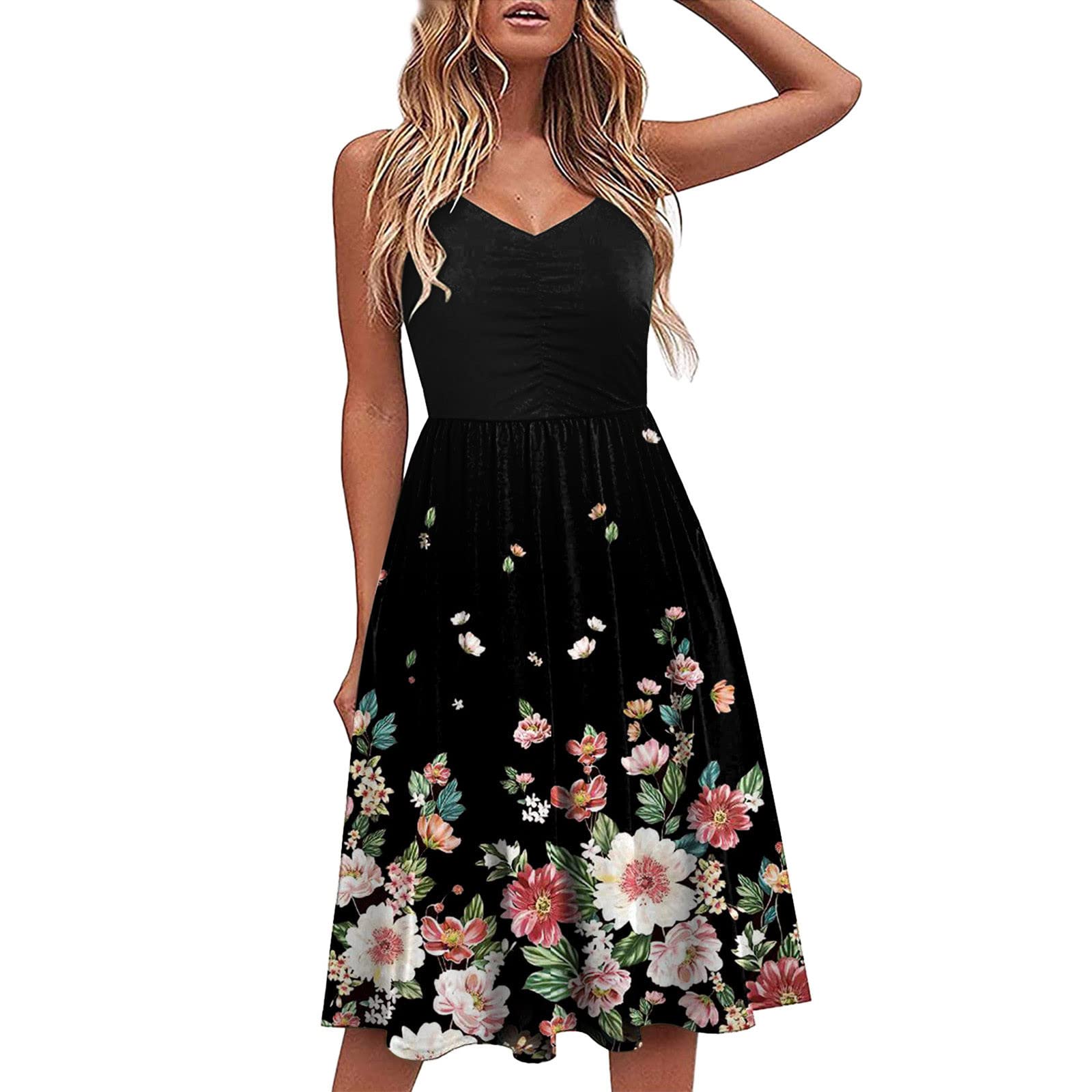Women's Flowy Sleeveless V-Neck Printed Sun Dress - Casual Spaghetti Strap Swing Midi Dress for Summer Beach, Vacation & Outdoor Parties