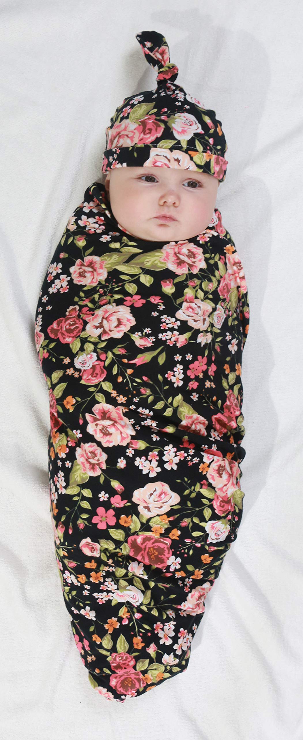 4 Pack Maternity Robe & Baby Swaddle Set with Hat Headband - Stretchy Knitted Nursing Dress with Pockets & Receiving Blanket for Mom & Newborn (Grey Floral) - Perfect for Hospital Delivery, Breastfeeding & Newborn Photography