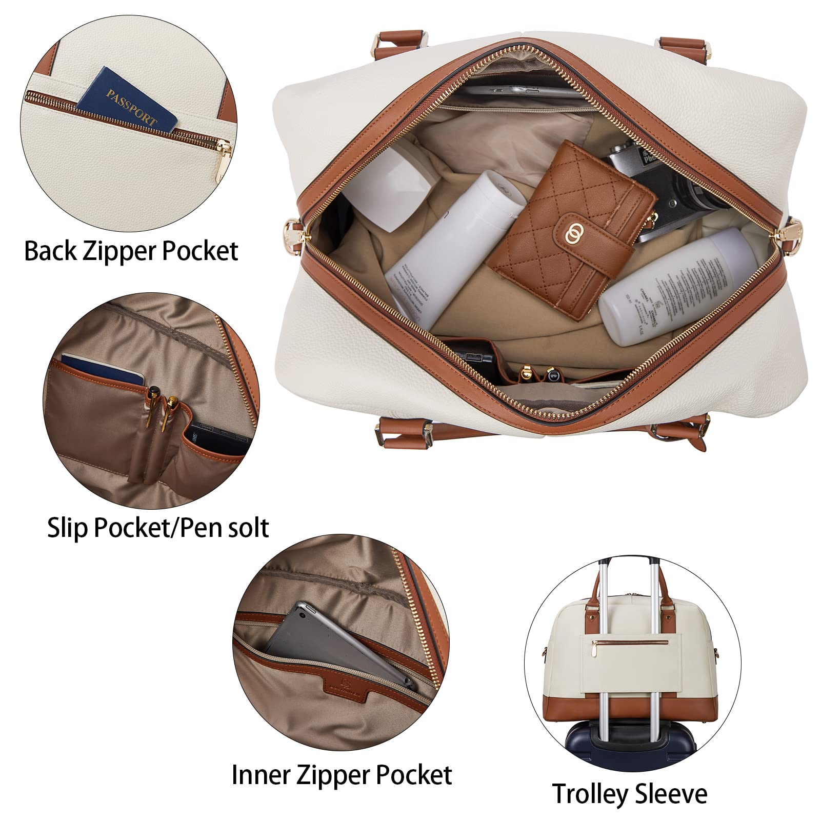 BOSTANTEN Women's Leather Travel Weekender Bag - Large Duffle Overnight Bag with Trolley Sleeve, Flight Approved Carry-On Luggage for Business Trips & Weekend Getaways