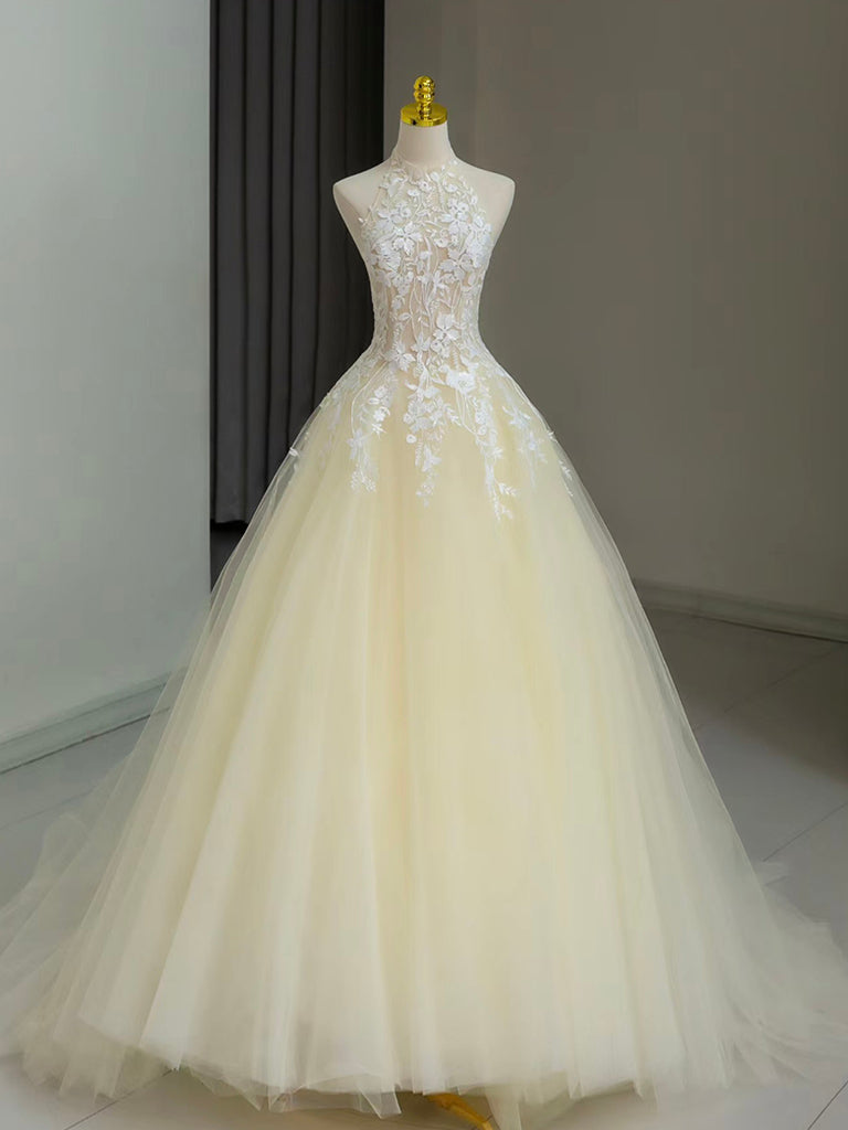 Elegant A-Line Champagne Lace Tulle Long Prom Dress for Graduation & Formal Events - Perfect for Homecoming, Dances & Special Occasions